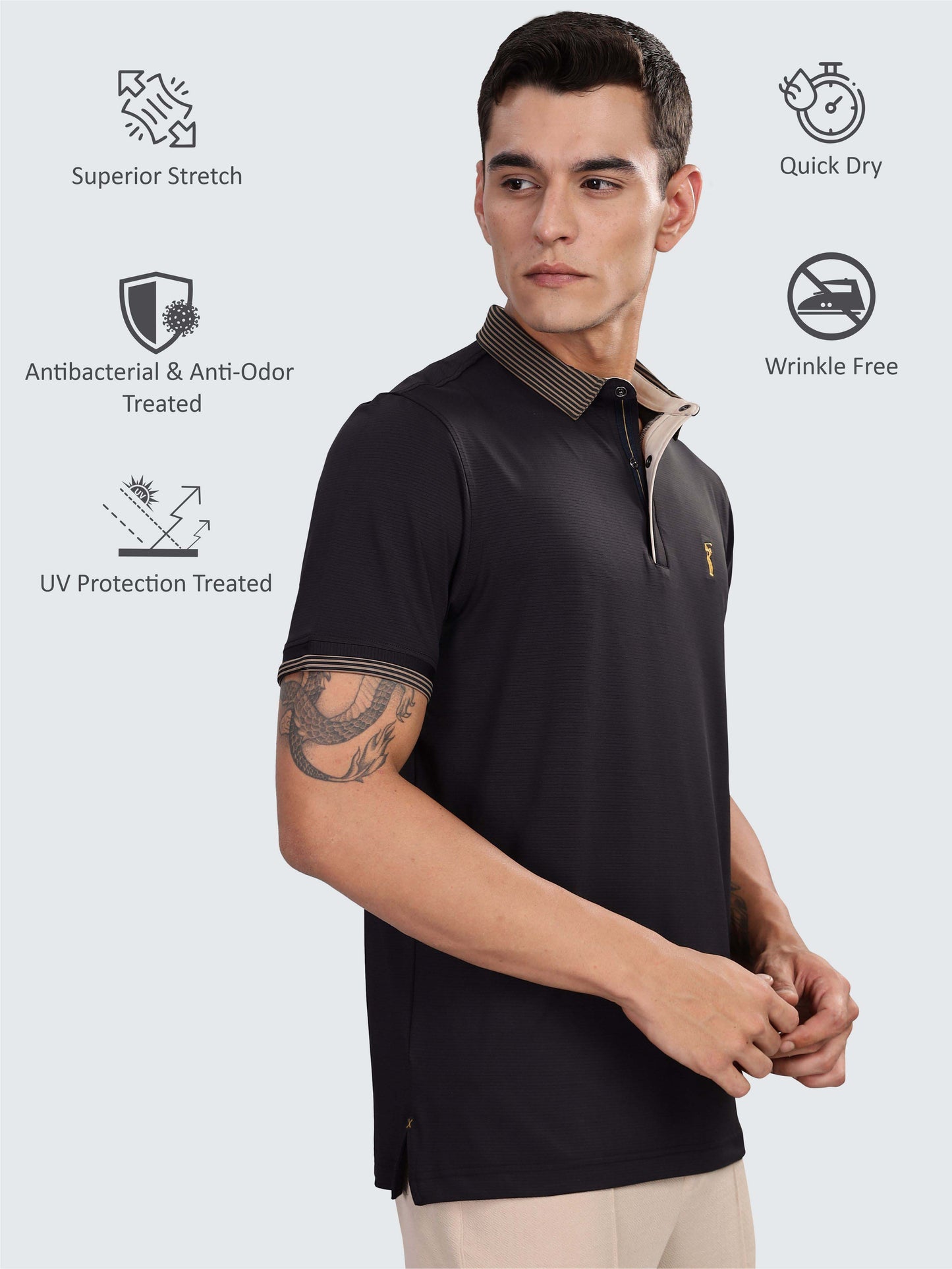 Men Premium Ultra Stripes Polo T-Shirt - Black | Feather Touch Feel | Light Weight | Stretchable | Sustainable