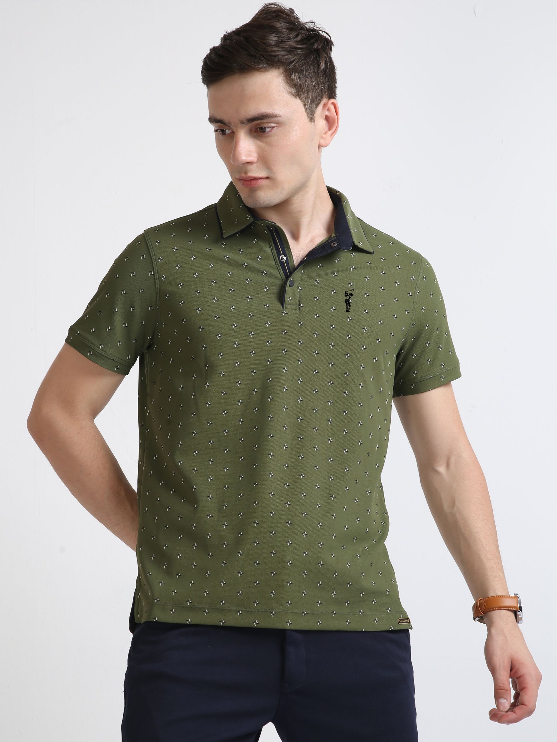 Olive Green Men's Rolex Print Polo T-Shirts Quick Dry Stretchable