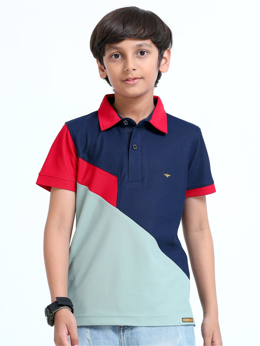 Navy Blue Cross Panel Boy's Polo T-Shirt