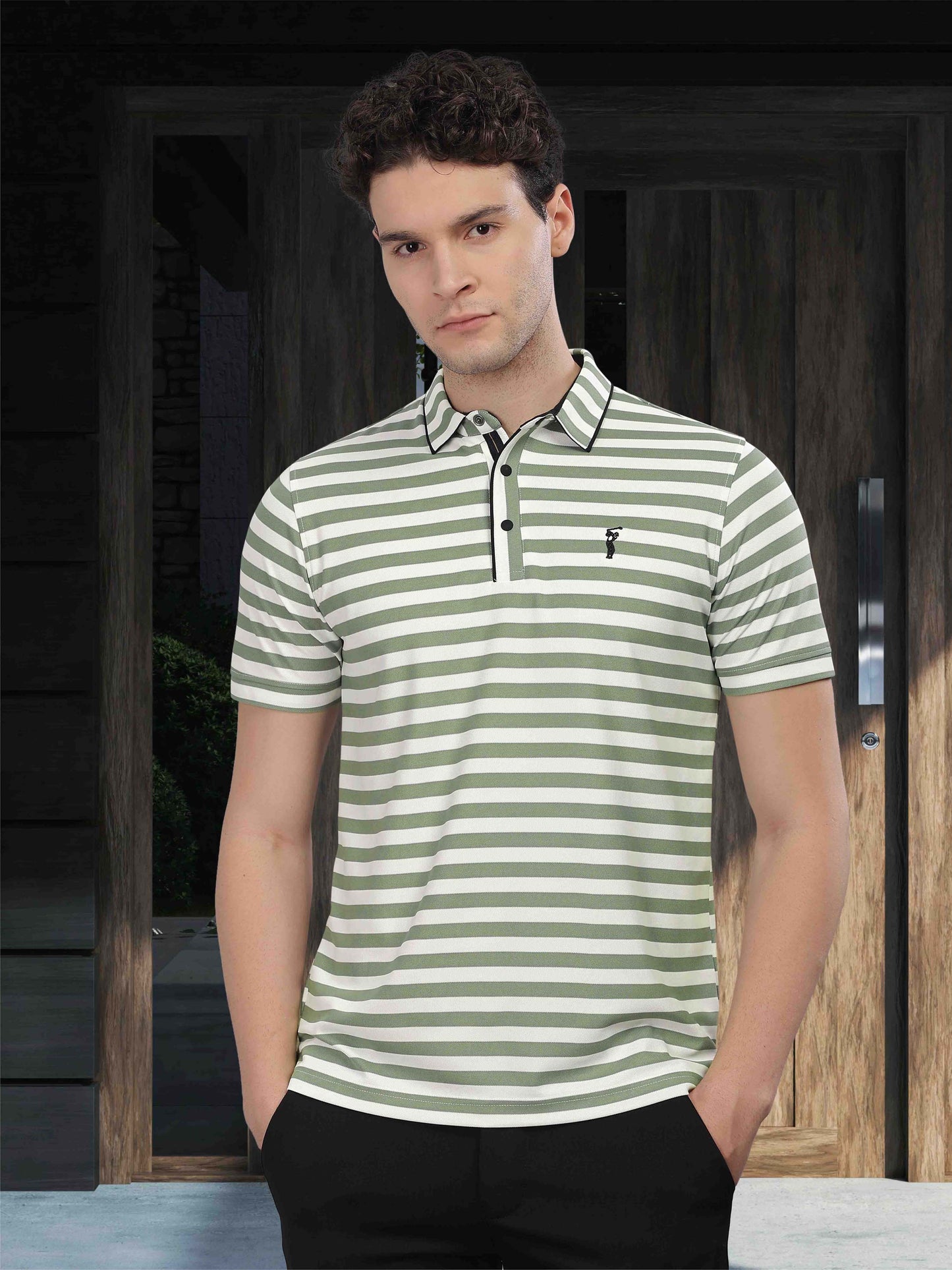 Green Men's Stripes Polo T-Shirt | Quick Dry | Stretchable | UV Protected | Wrinkle & Odour-Free