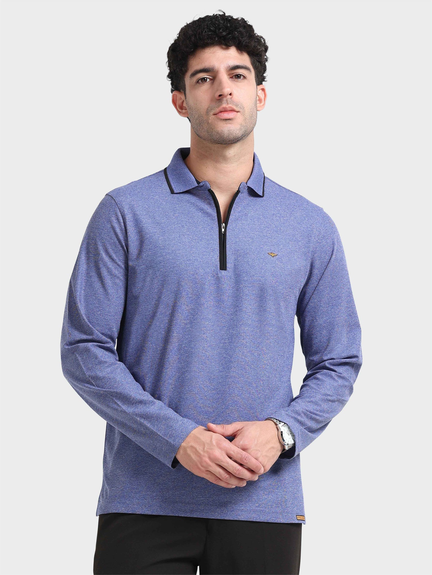 Blue Melange Zipper Full Sleeve Polo Tshirt For Men