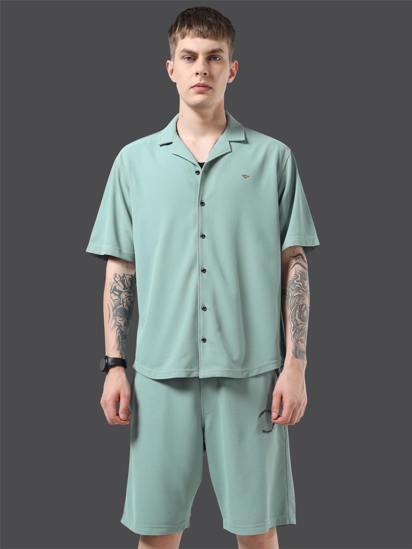 Men Relaxed Fit Co-ord Set Misty-Green | Wrinkle Free | Stretchable | Feather Touch Feel | Breathable