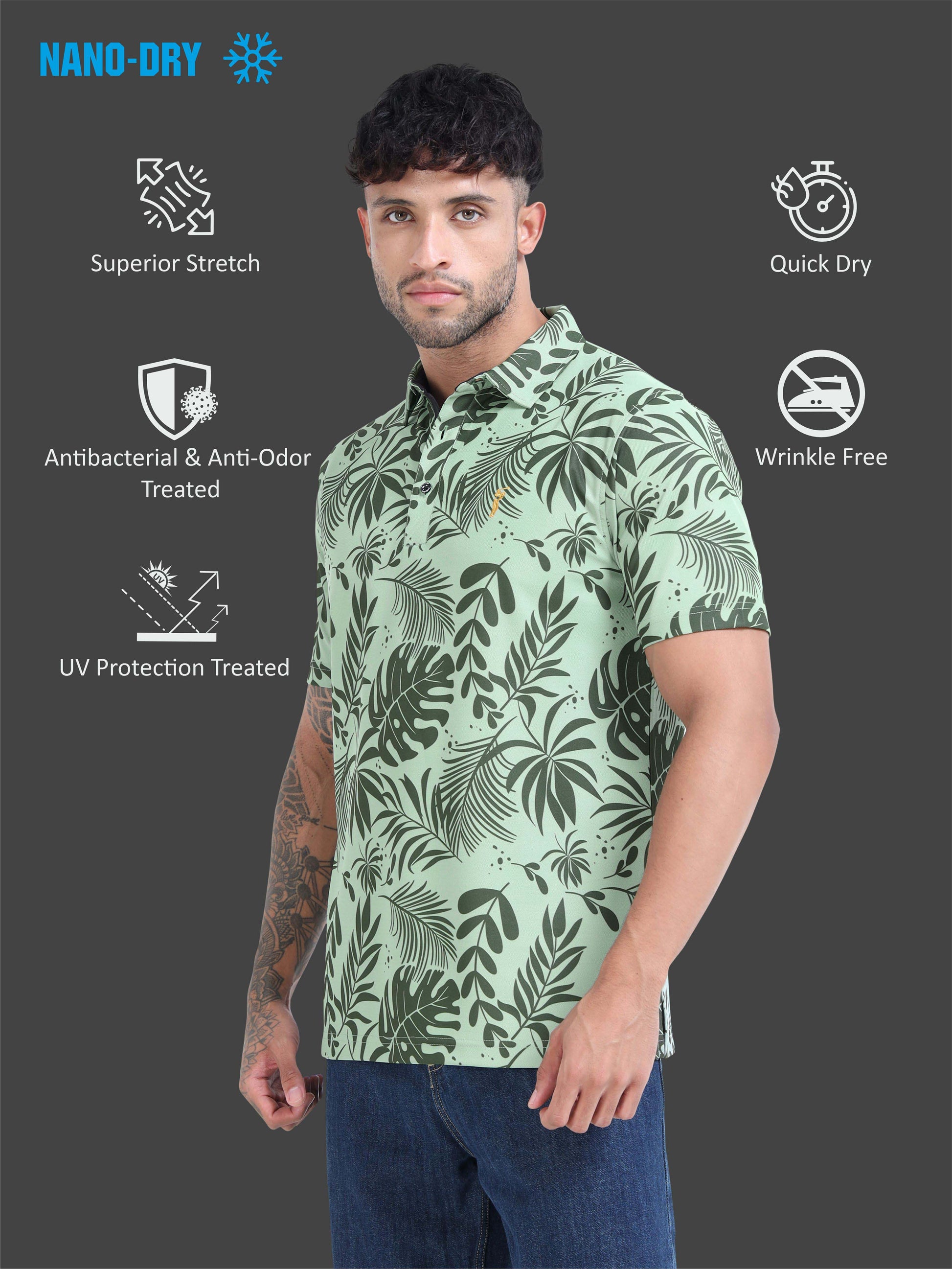 Green Leaf Printed Polo T Shirt for Men 