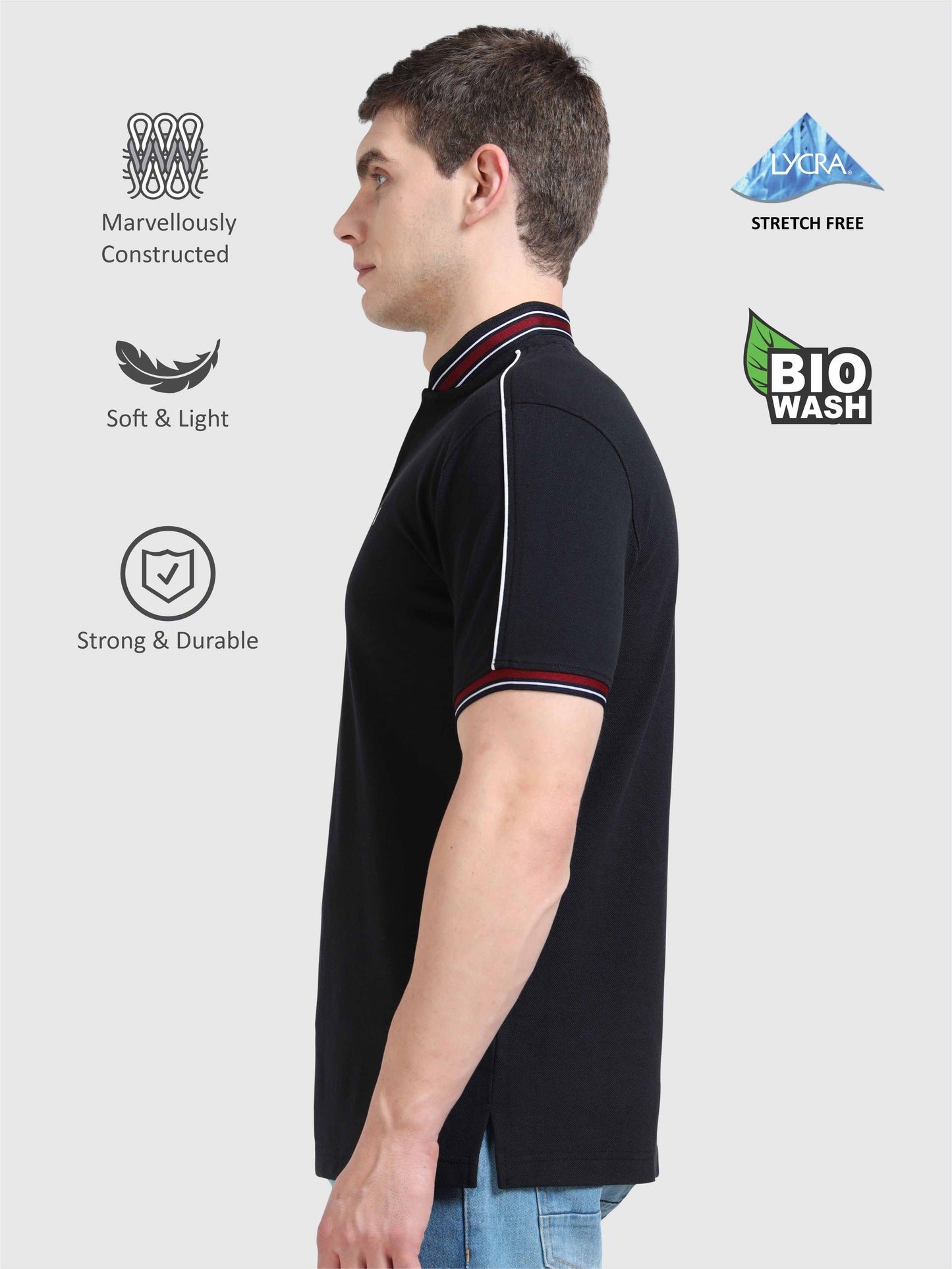 Men Black Chinese Collar Premium Cotton Polo T-shirt  | Stretchable   |  Feather touch feel  |  Sustainable  |  Breathable | Light Weight