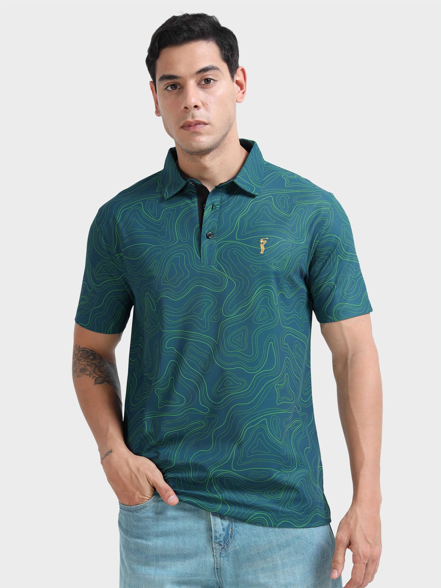 Abstract Teal Blue Printed Polo T Shirt for Men 