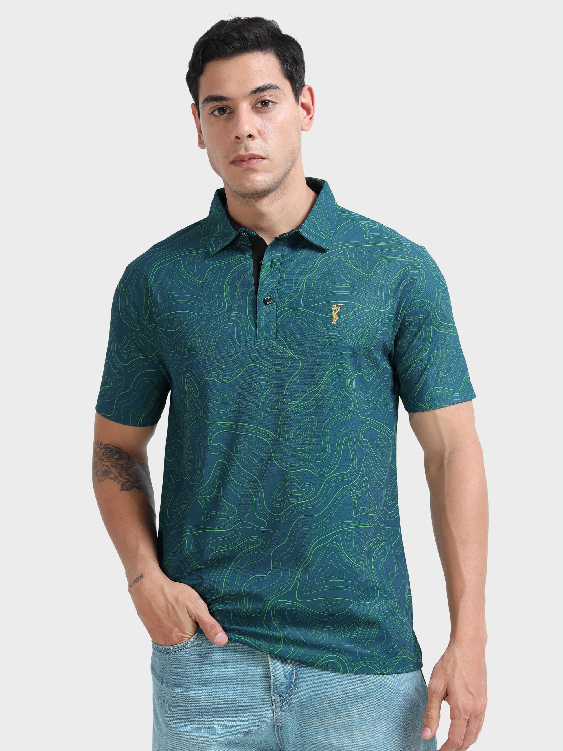 Abstract Teal Blue Printed Polo T Shirt for Men 
