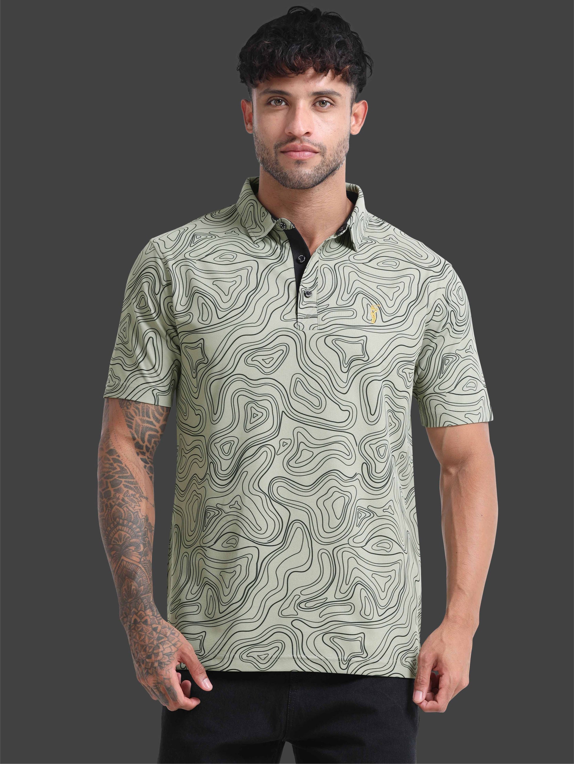 Moss Grey Printed Polo T Shirt for Men