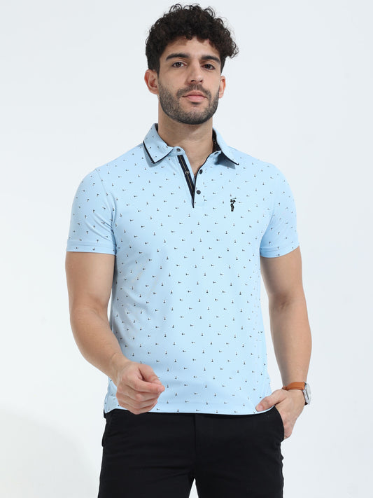 Ice Blue Men's Rolex Print Polo T-Shirts | Quick Dry | Stretchable | UV Protected | Wrinkle & Odour-Free