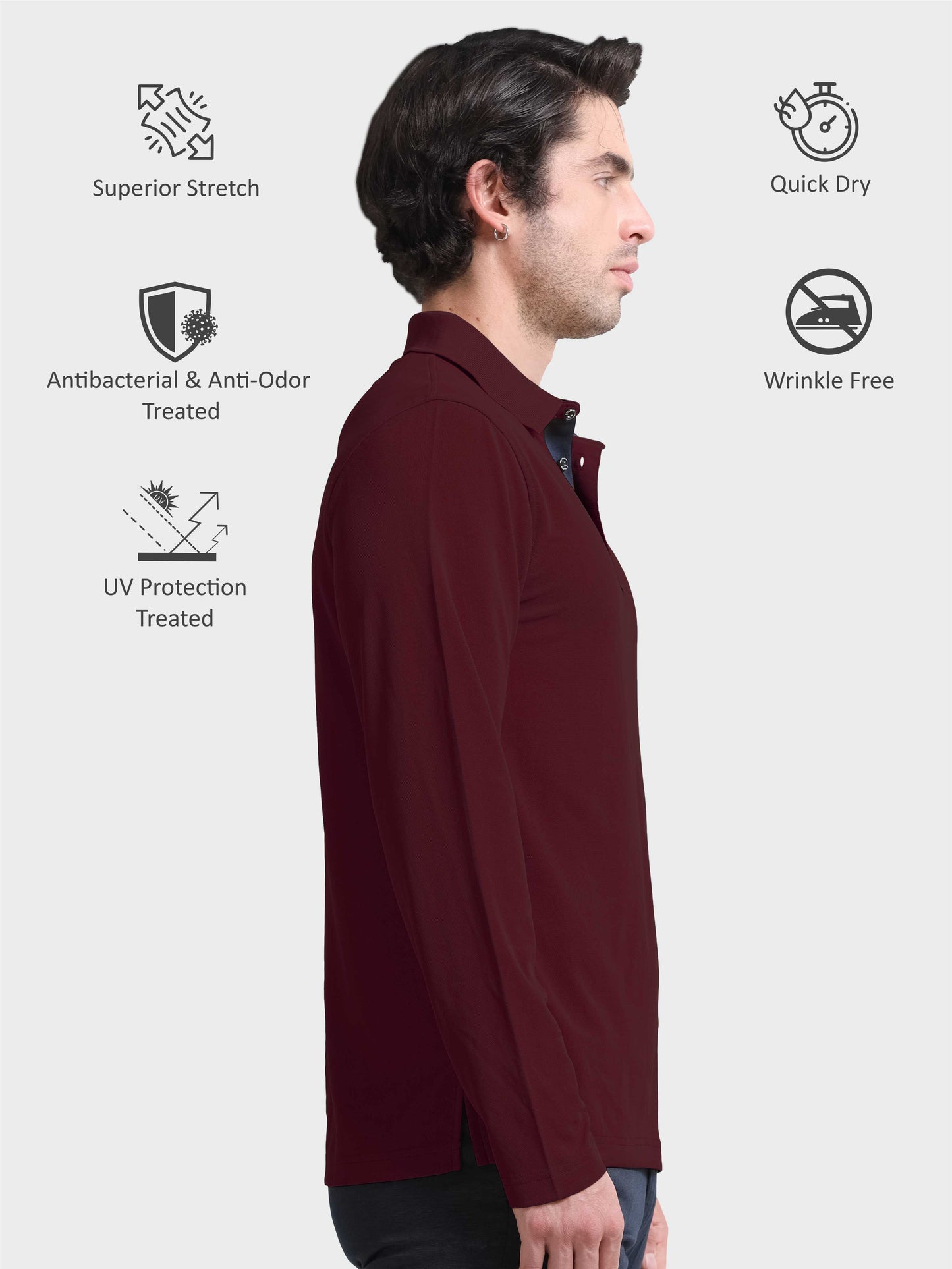 Men's Full Sleeve Polo T-Shirt - Maroon | Feather Touch Feel | Odour Resistant | Wrinkle Free | Quick Dry | Stretchable | Anti-Static | UV Resistance |