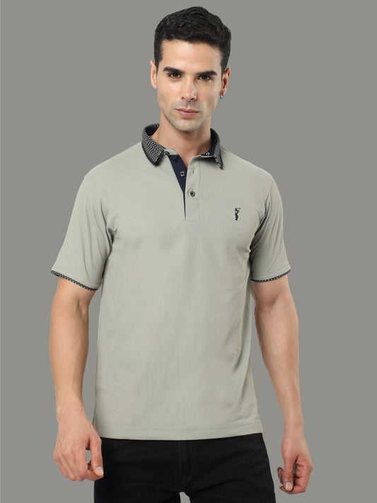 Moose Grey Men's Jacquard Collar Polo T-Shirt | Quick Dry | Stretchable | UV Protected | Wrinkle & Odour-Free