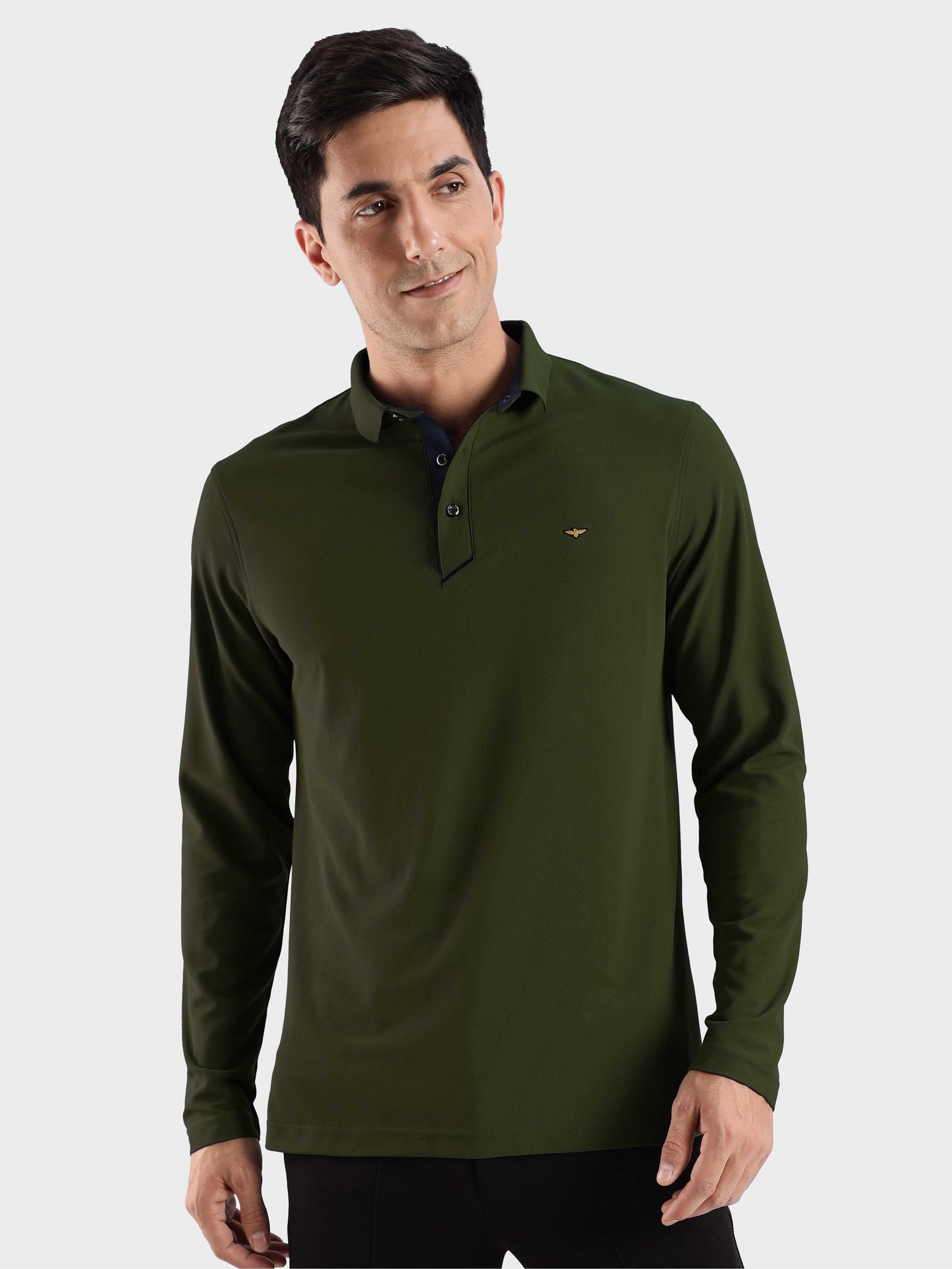 Men's Full Sleeve Polo T-Shirt-Olive Green| Feather Touch Feel | Odour Resistant | Wrinkle Free | Quick Dry | Stretchable | Anti-Static | UV Resistance |