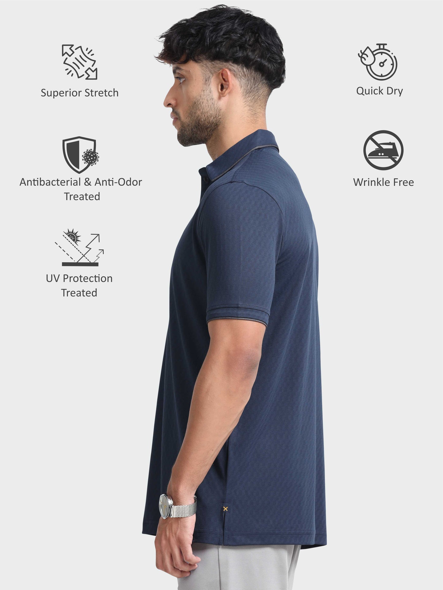 Men Self-Checked Regular Fit Polo T-shirt | Odour Resistant | Wrinkle Free | Quick Dry | Stretchable | Anti-Static