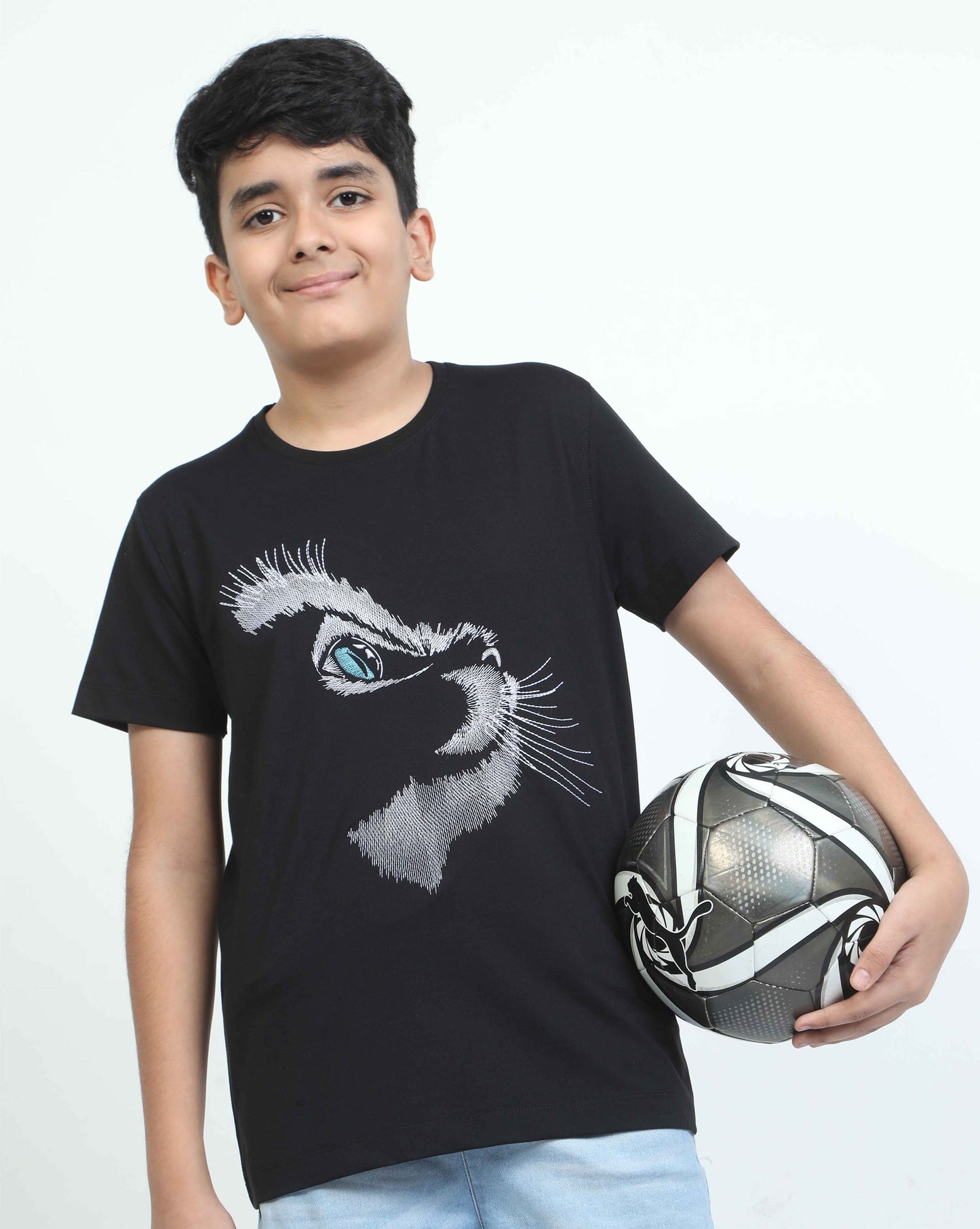 Cat Embroidery Boy's Crew Neck T-Shirt -Black