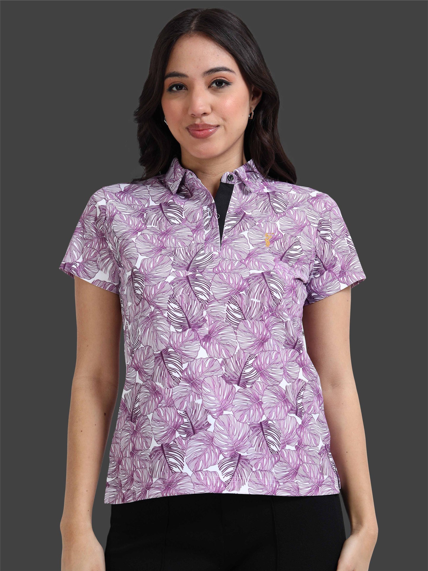 White Monstera Leaf Printed Polo T Shirt for Women