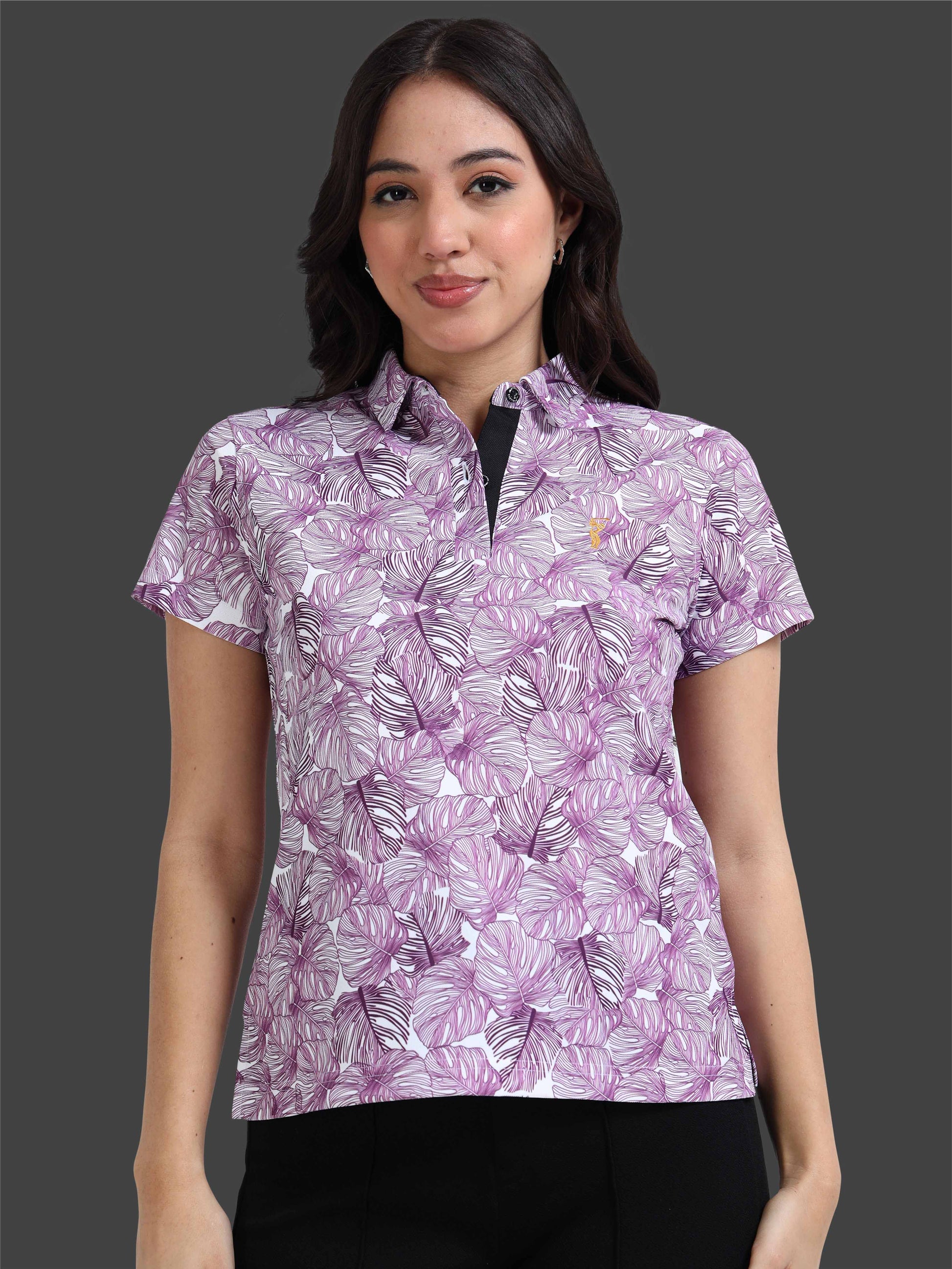 White Monstera Leaf Printed Polo T Shirt for Women