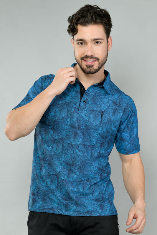 Blue Men's Floral Print Golf Polo T-Shirts | Quick Dry | Stretchable | UV Protected | Wrinkle & Odour-Free