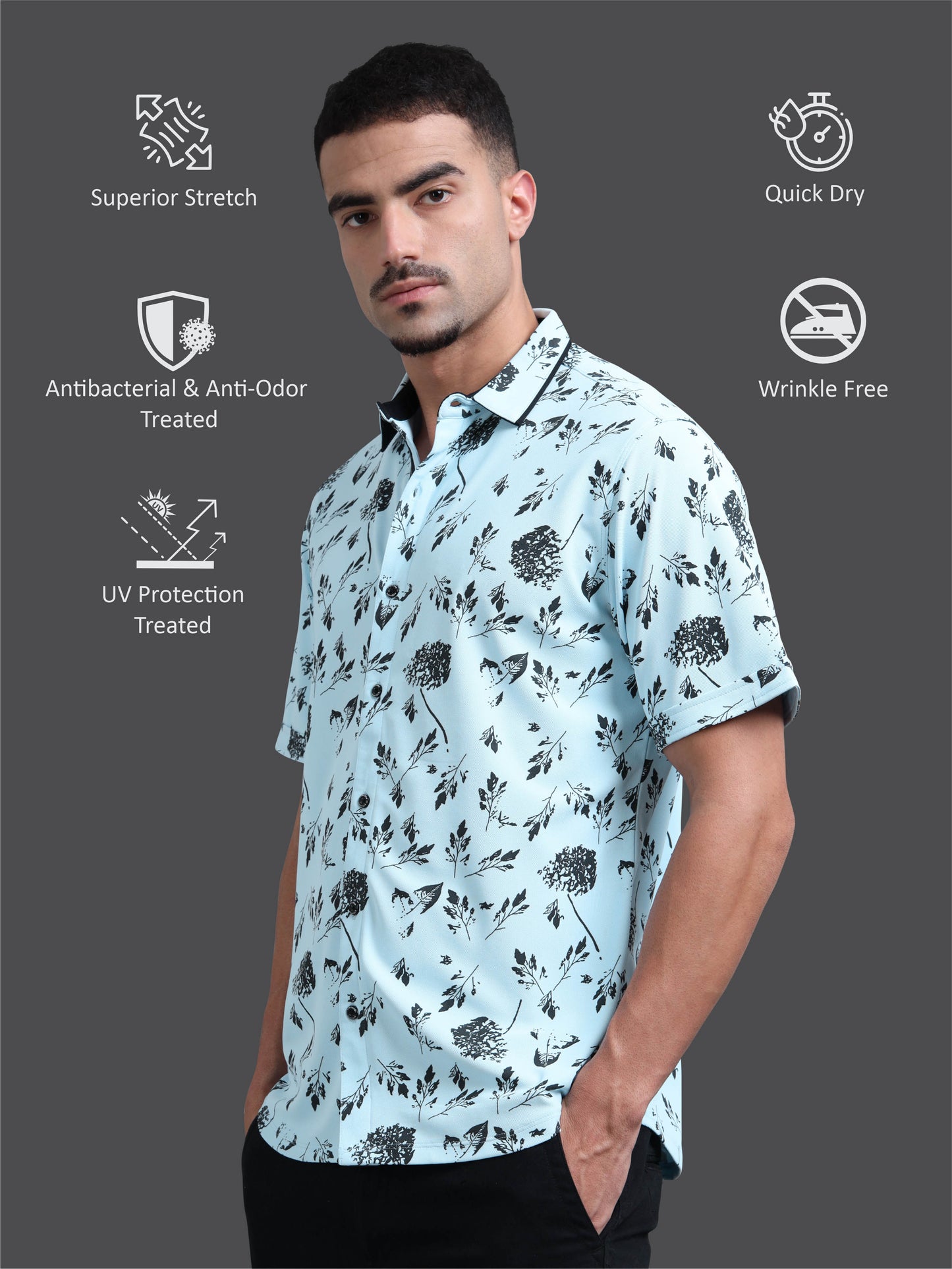 Ice Blue Men's Leaf Printed Half Sleeve Shirts