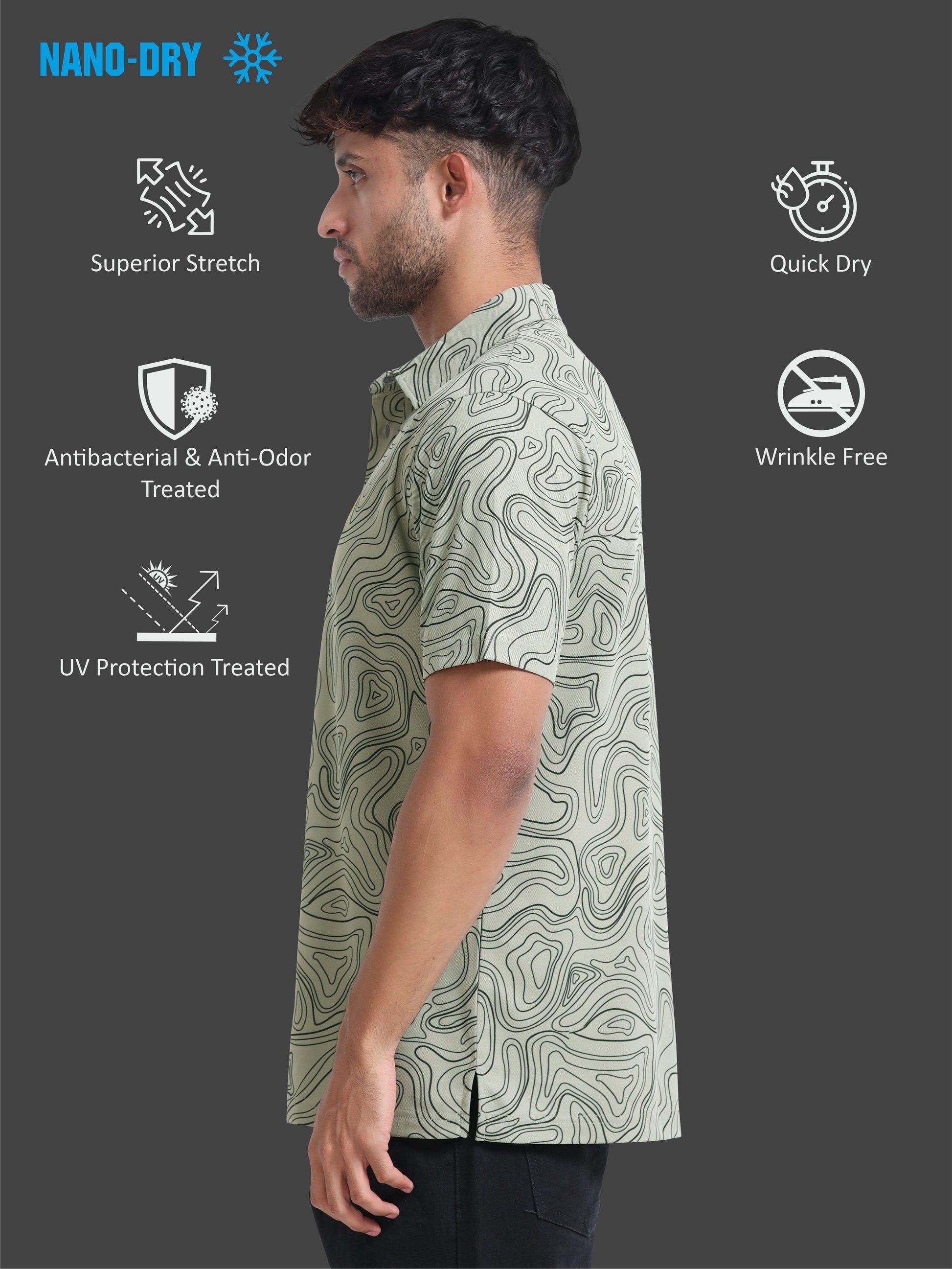 Moss Grey Printed Polo T Shirt for Men