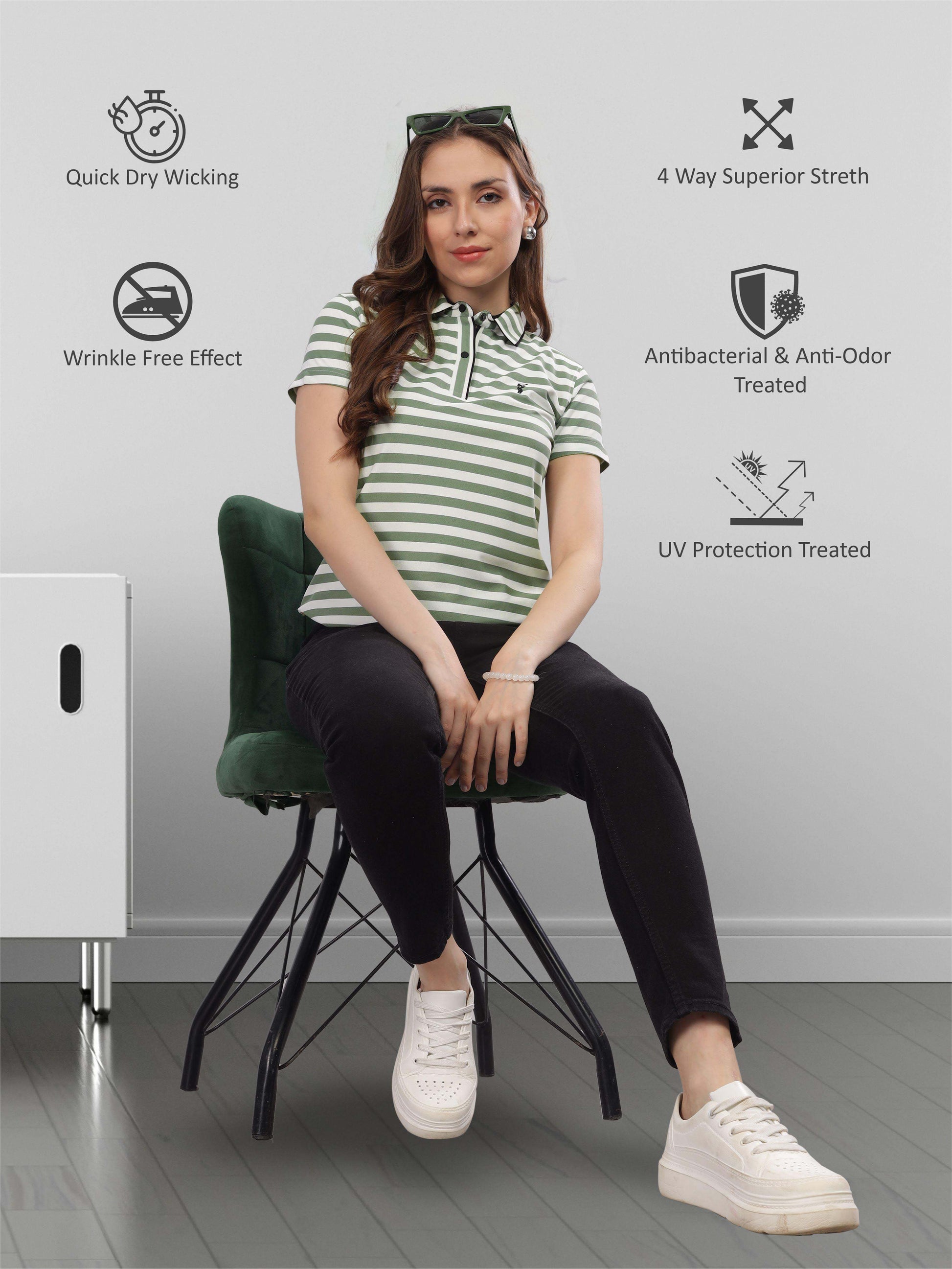 Green Women's Stripes Polo T Shirt