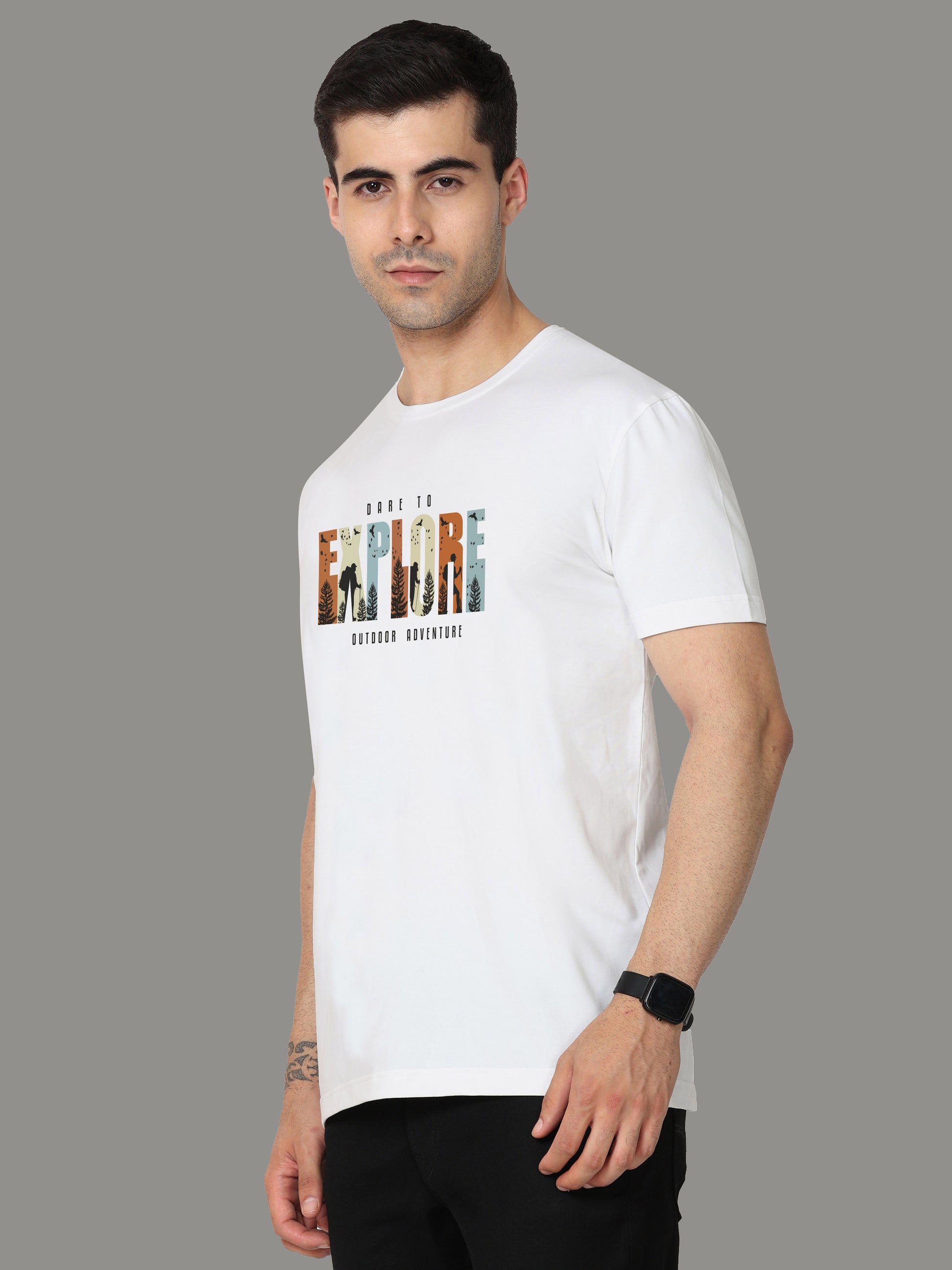 White "EXPLORE" Print Men’s Crew Neck T Shirt