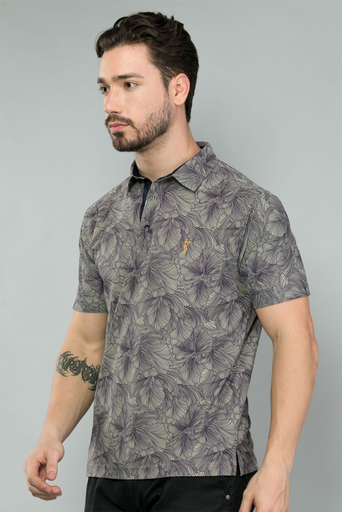Moose Grey Men's Floral Print Golf Polo T-Shirts | Quick Dry | Stretchable | UV Protected | Wrinkle & Odour-Free