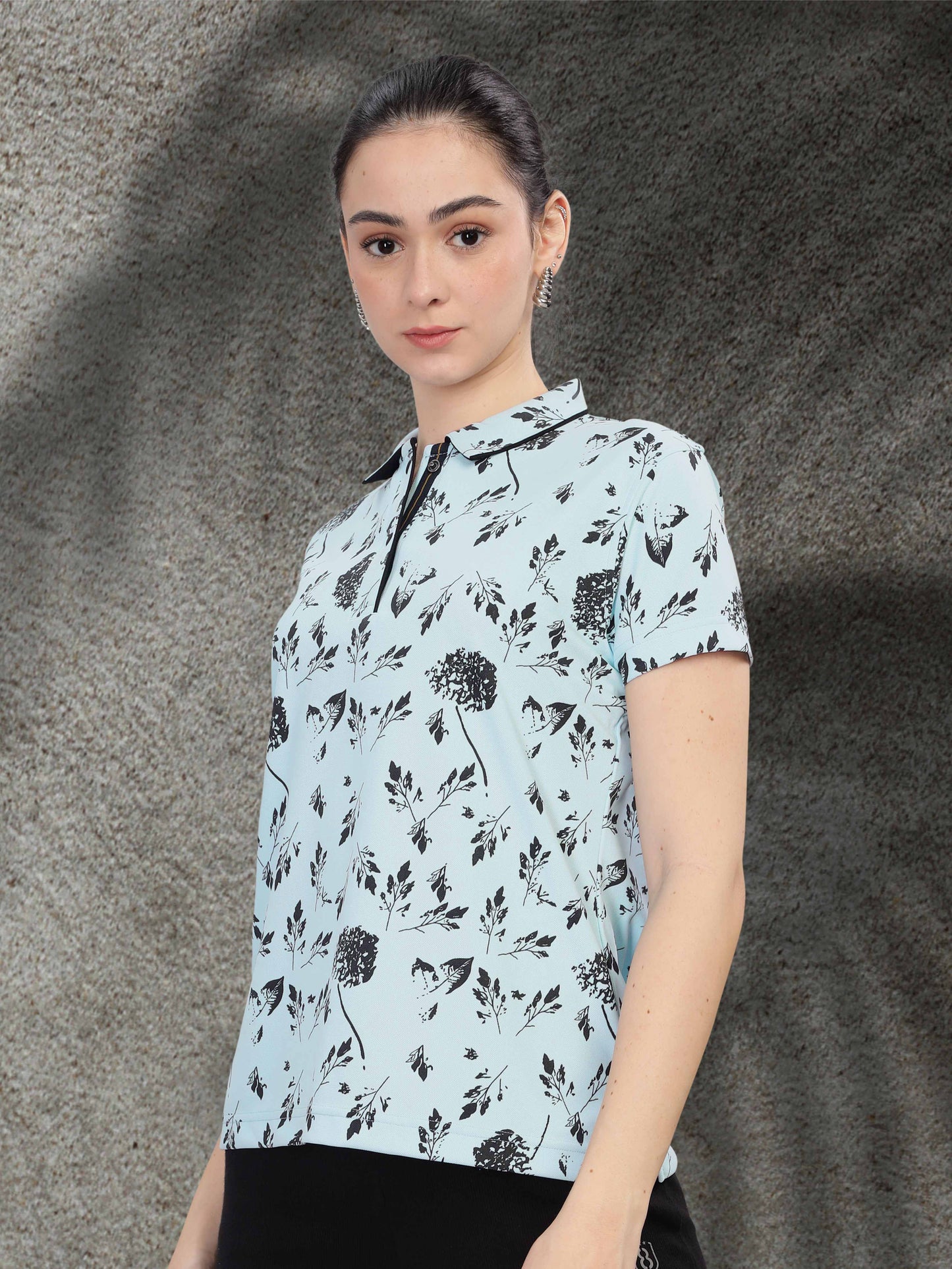 Ice Blue Women's Printed Polo T Shirt