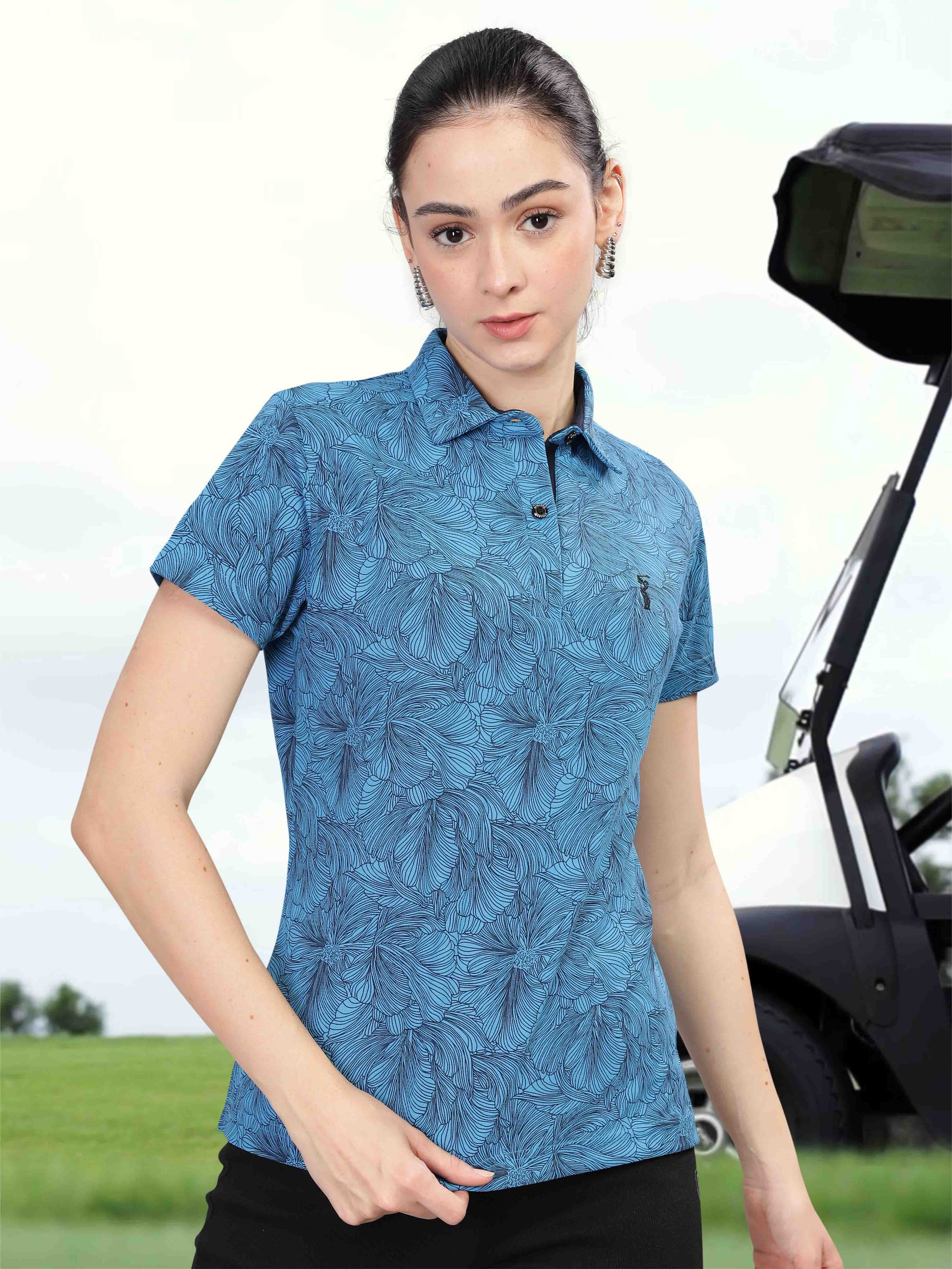 Dell Blue Women's Printed Polo T Shirt 