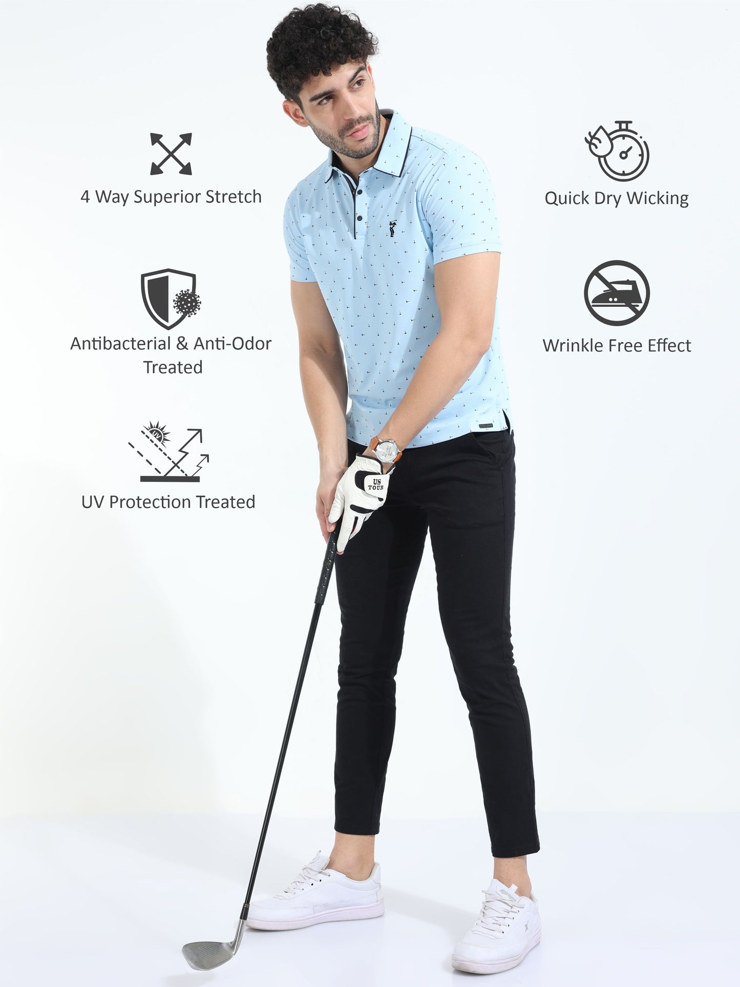Ice Blue Men's Rolex Print Polo T-Shirts | Quick Dry | Stretchable | UV Protected | Wrinkle & Odour-Free