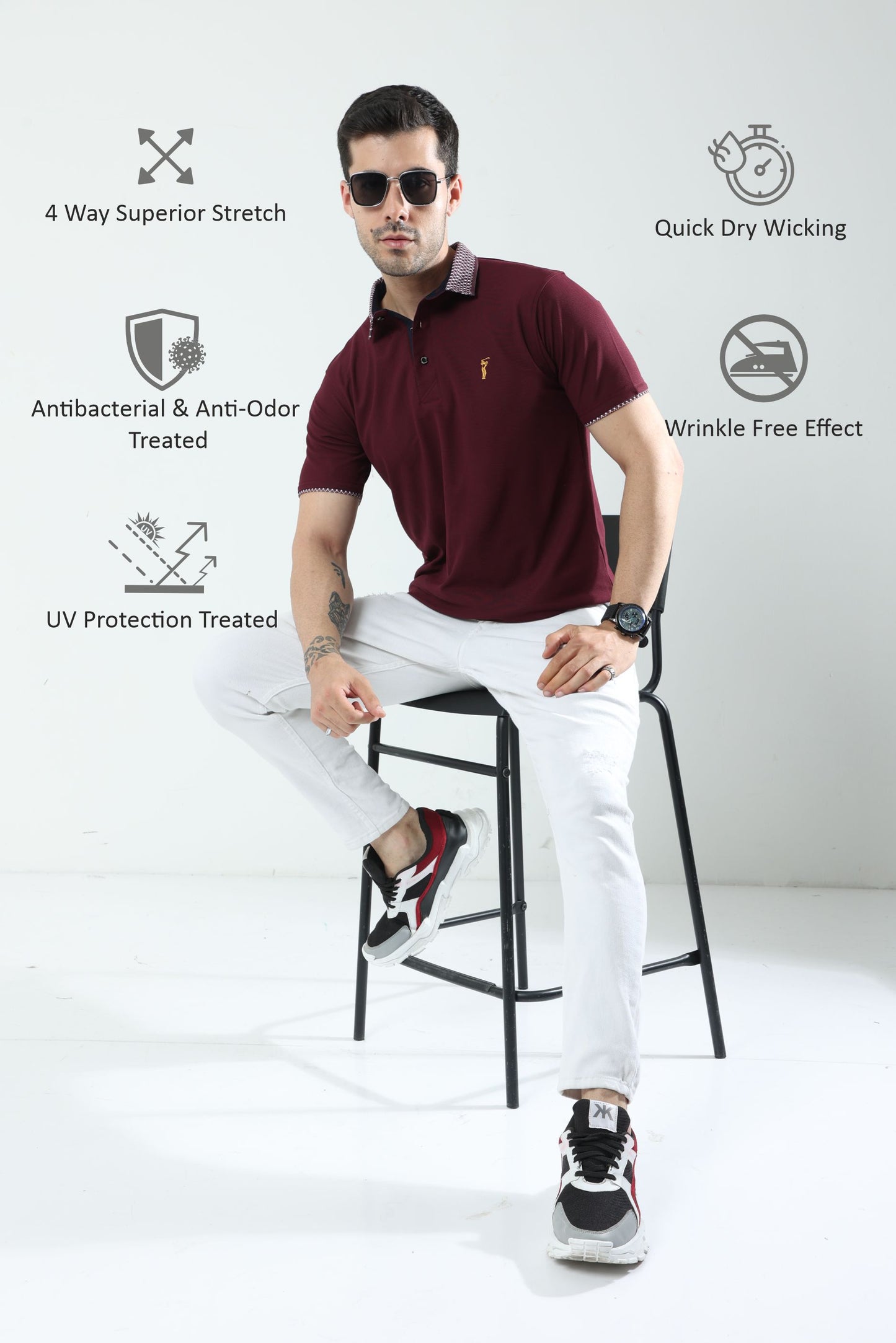 Wine Men's Jacquard Collar Polo T-Shirt | Quick Dry | Stretchable | UV Protected | Wrinkle & Odour-Free