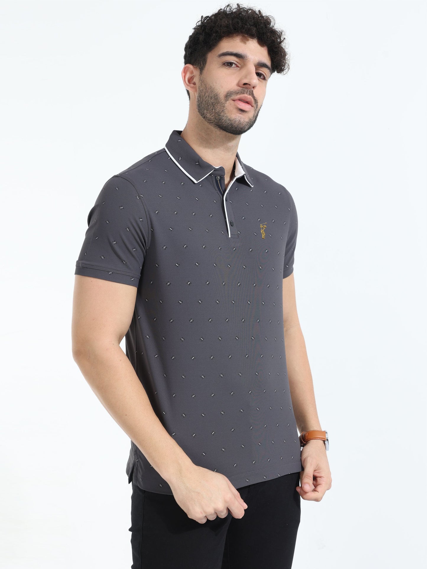 Dark Grey Men's Rolex Print Polo T-Shirts | Quick Dry | Stretchable | UV Protected | Wrinkle & Odour-Free