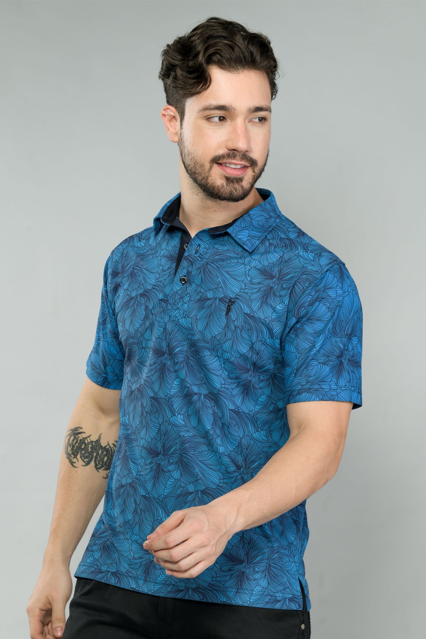 Blue Men's Floral Print Golf Polo T-Shirts | Quick Dry | Stretchable | UV Protected | Wrinkle & Odour-Free