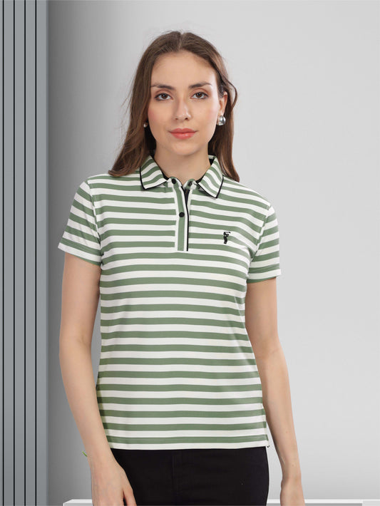 Green Women's Stripes Polo T Shirt 