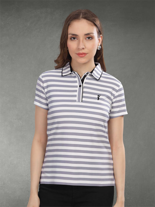 Light Purple Women's Stripes Polo T Shirt