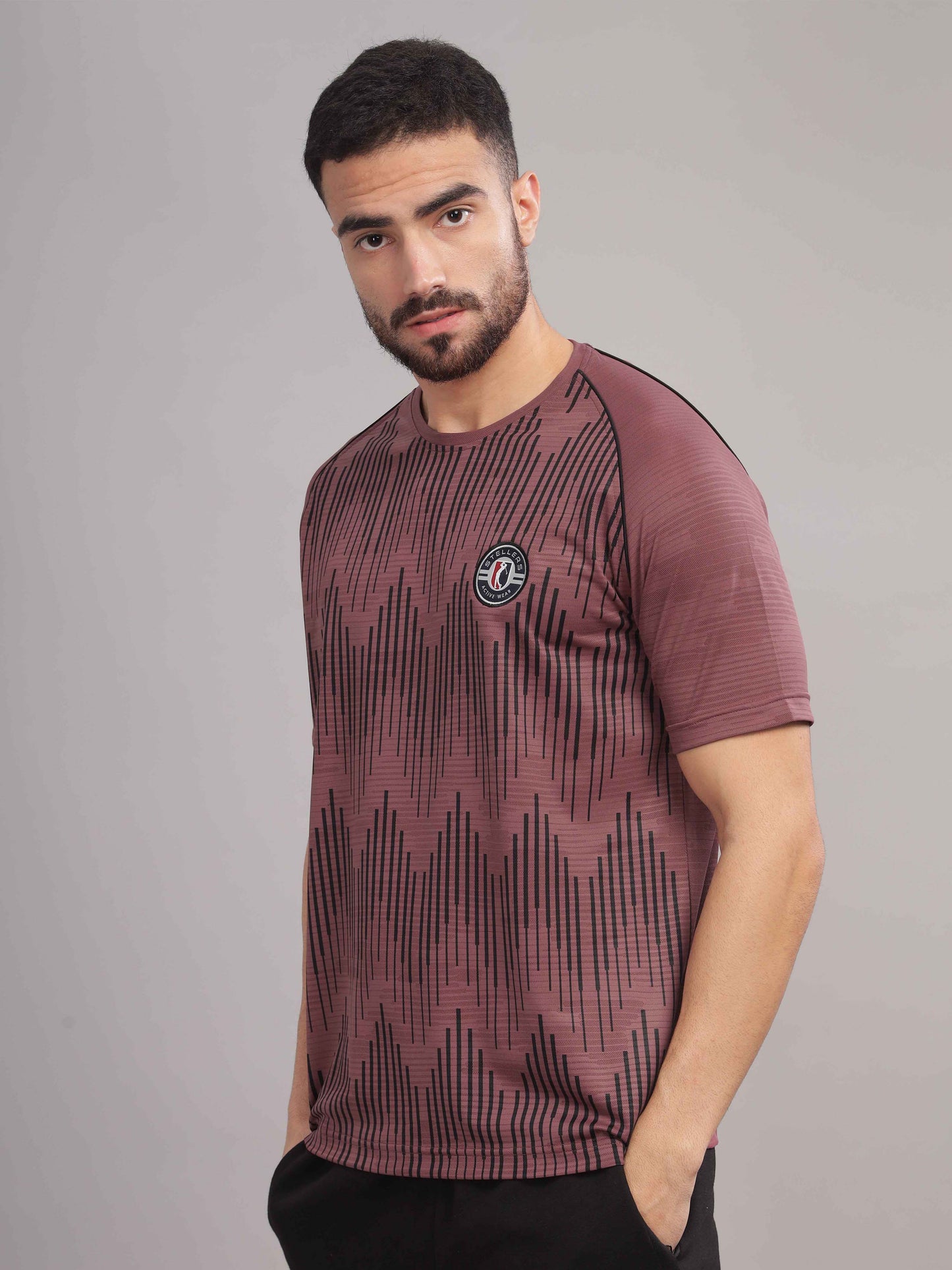 Mauve Mens Printed Round Neck Active Wear T-Shirt