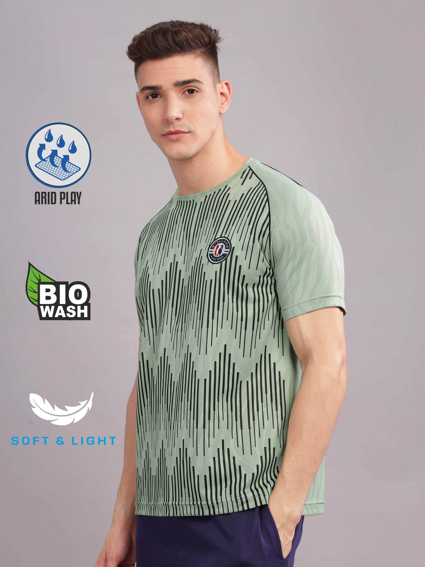 Misty Green Printed Active Round Neck T Shirts for Men