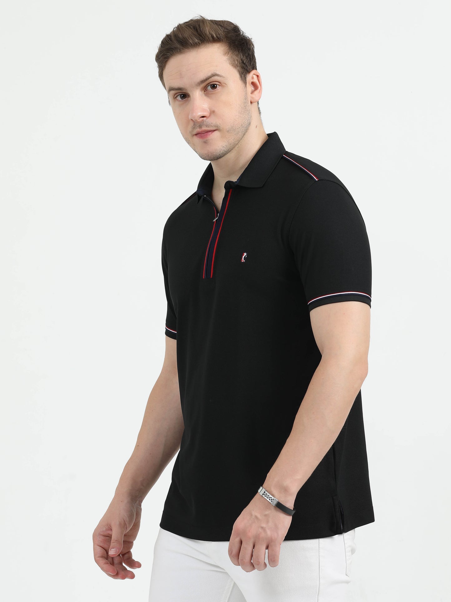 Black Men's Zipper Placket Polo T-Shirt | Quick Dry | Stretchable | UV Protected | Wrinkle & Odour-Free