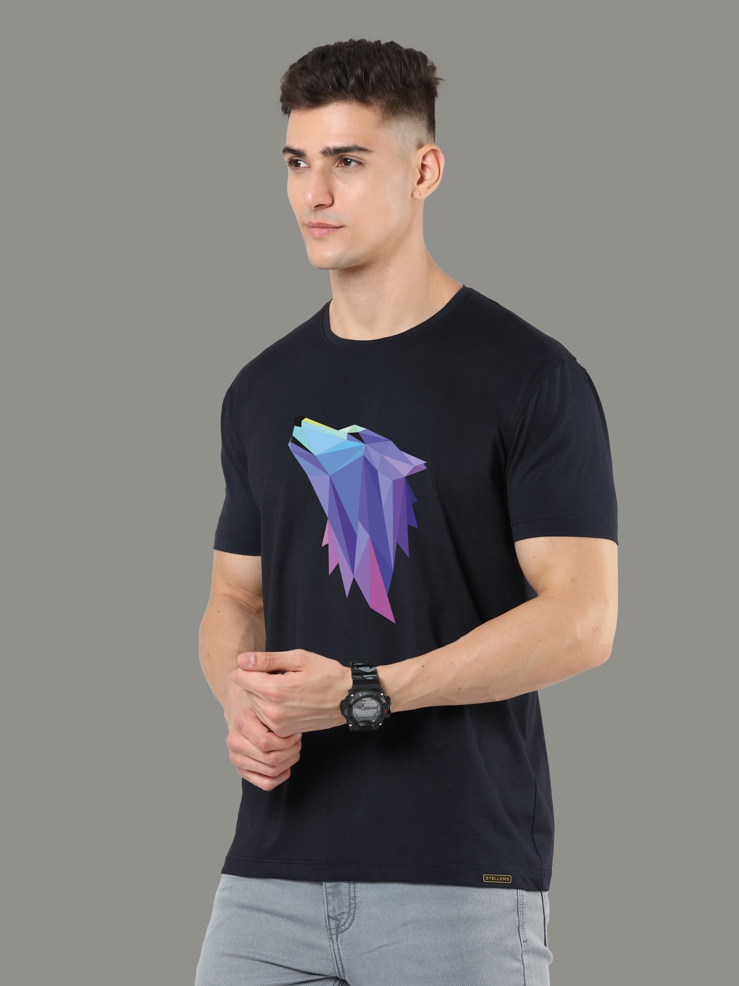 Black Fox Print Men’s Round Neck T Shirts
