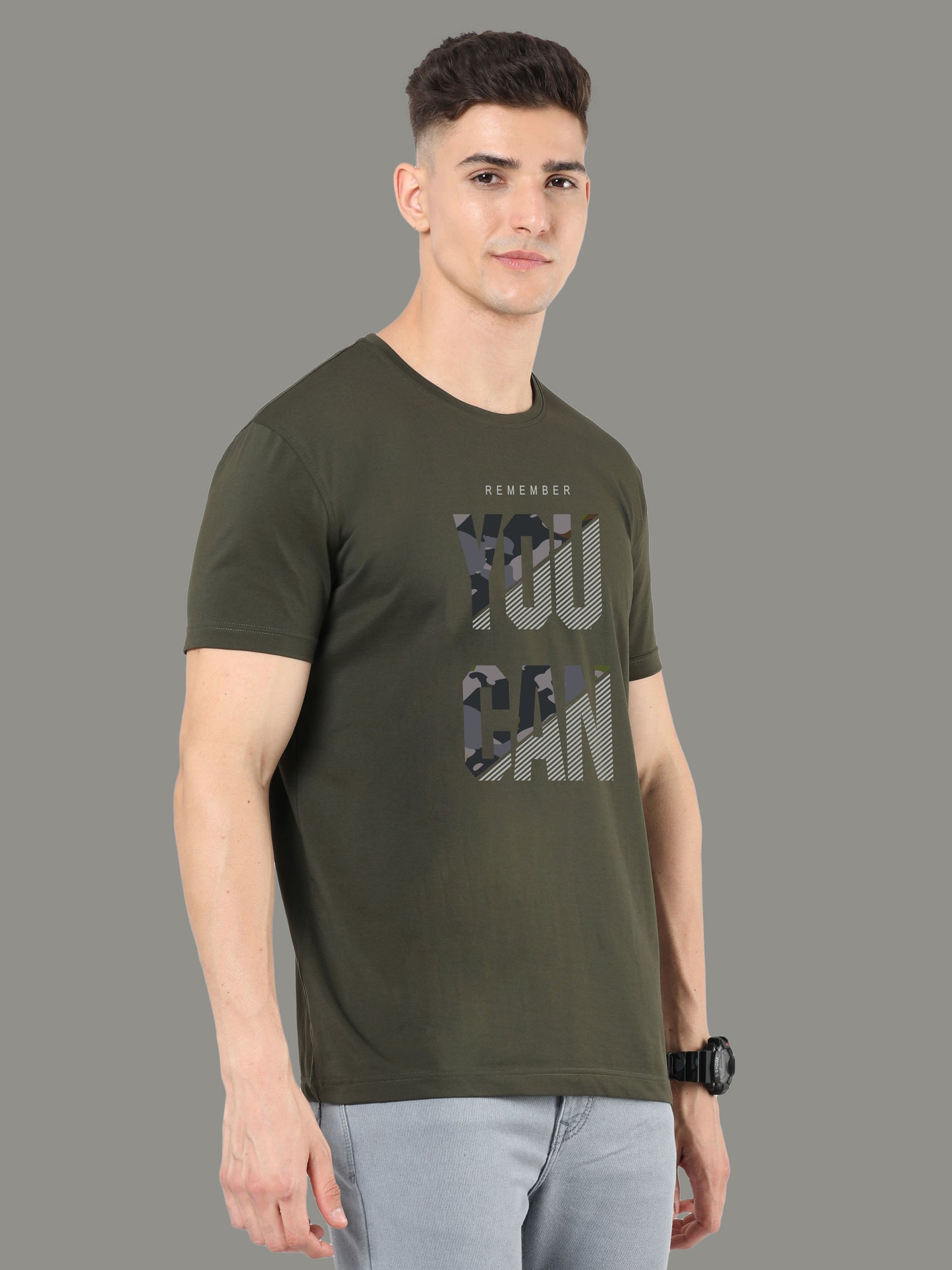 Olive Green Print Men’s Round Neck T Shirts