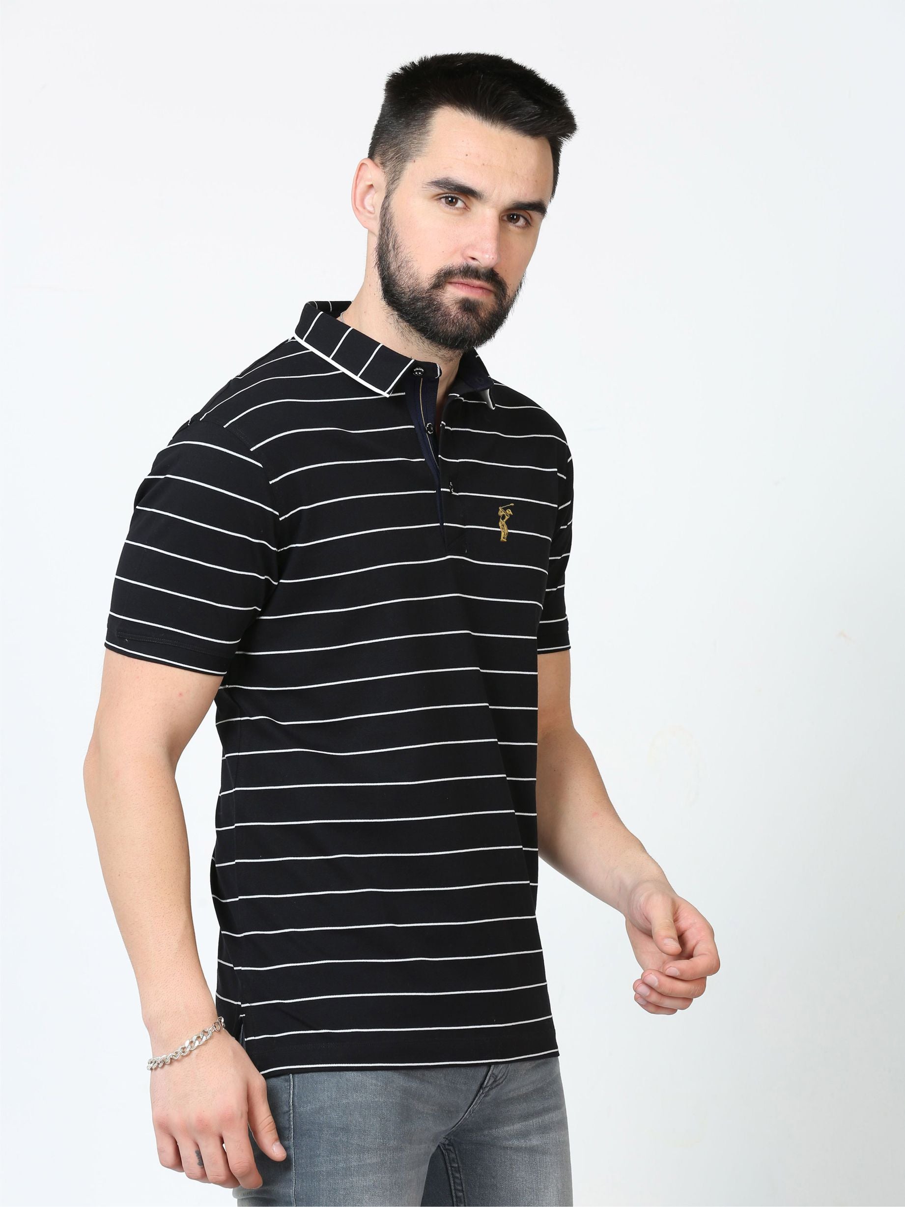 Black Striped Polo T Shirt for Men