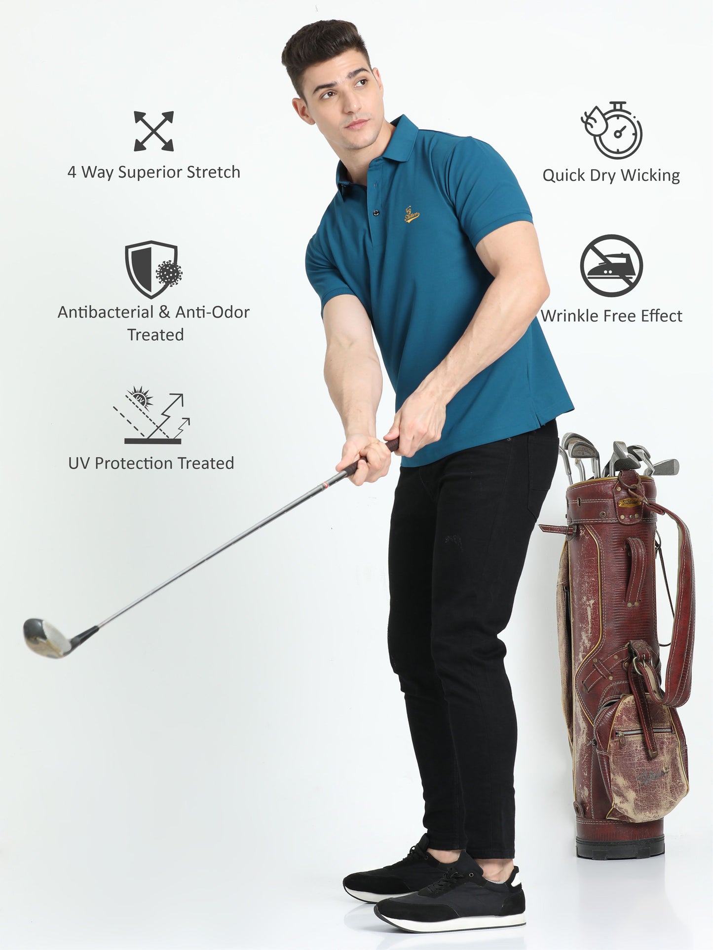 Men Teal Blue Signature Golf Polo T-Shirt | Quick Dry | Stretchable | UV Protected | Wrinkle & Odour-Free