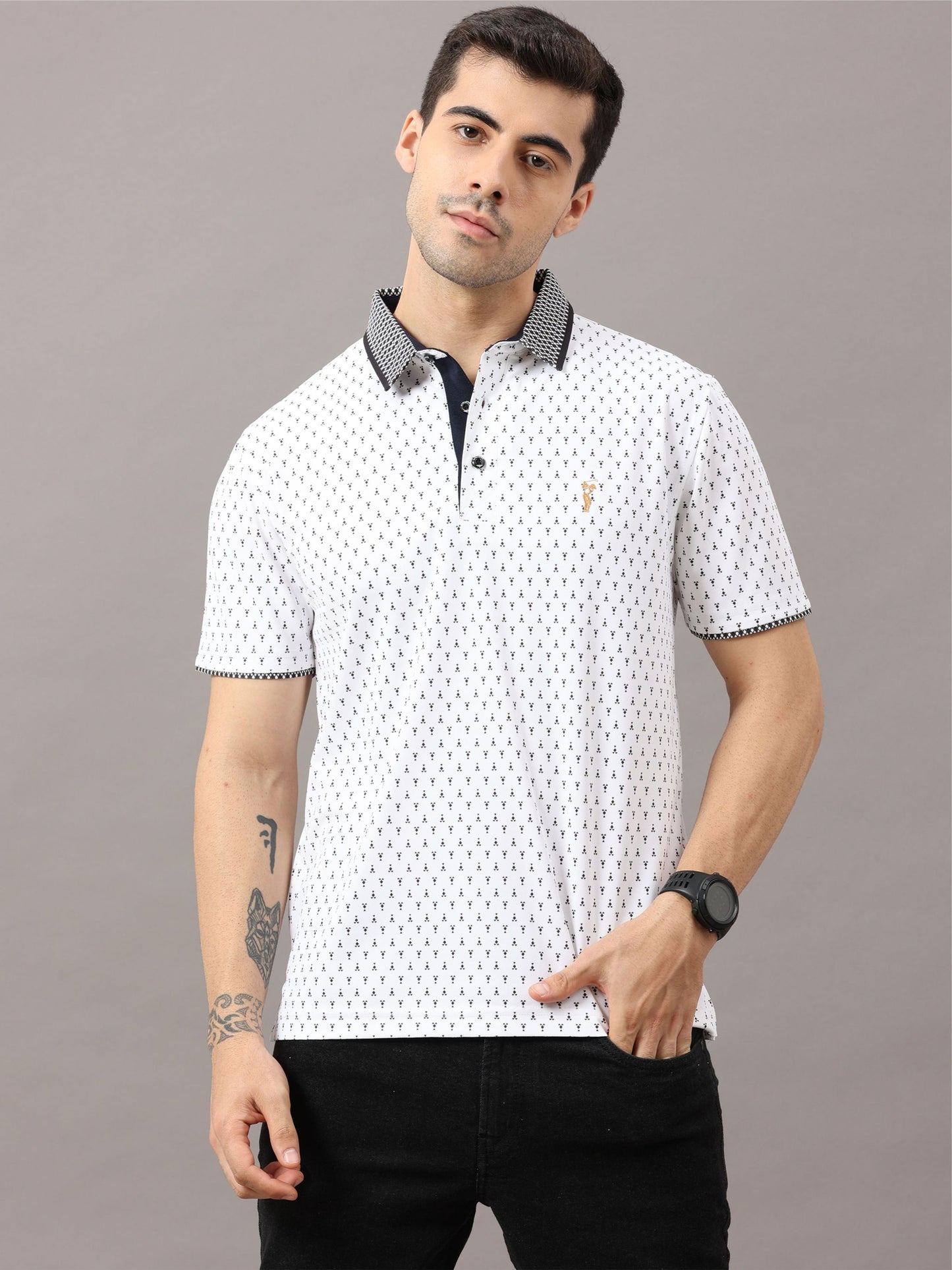 White Men's Ant Print Golf Polo T-Shirt | Quick Dry | Stretchable | UV Protected | Wrinkle & Odour-Free