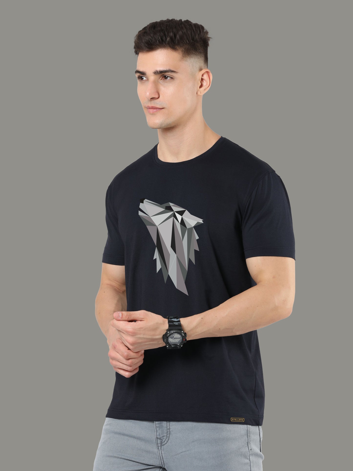 Black Men's Fox Print Round Neck T Shirts