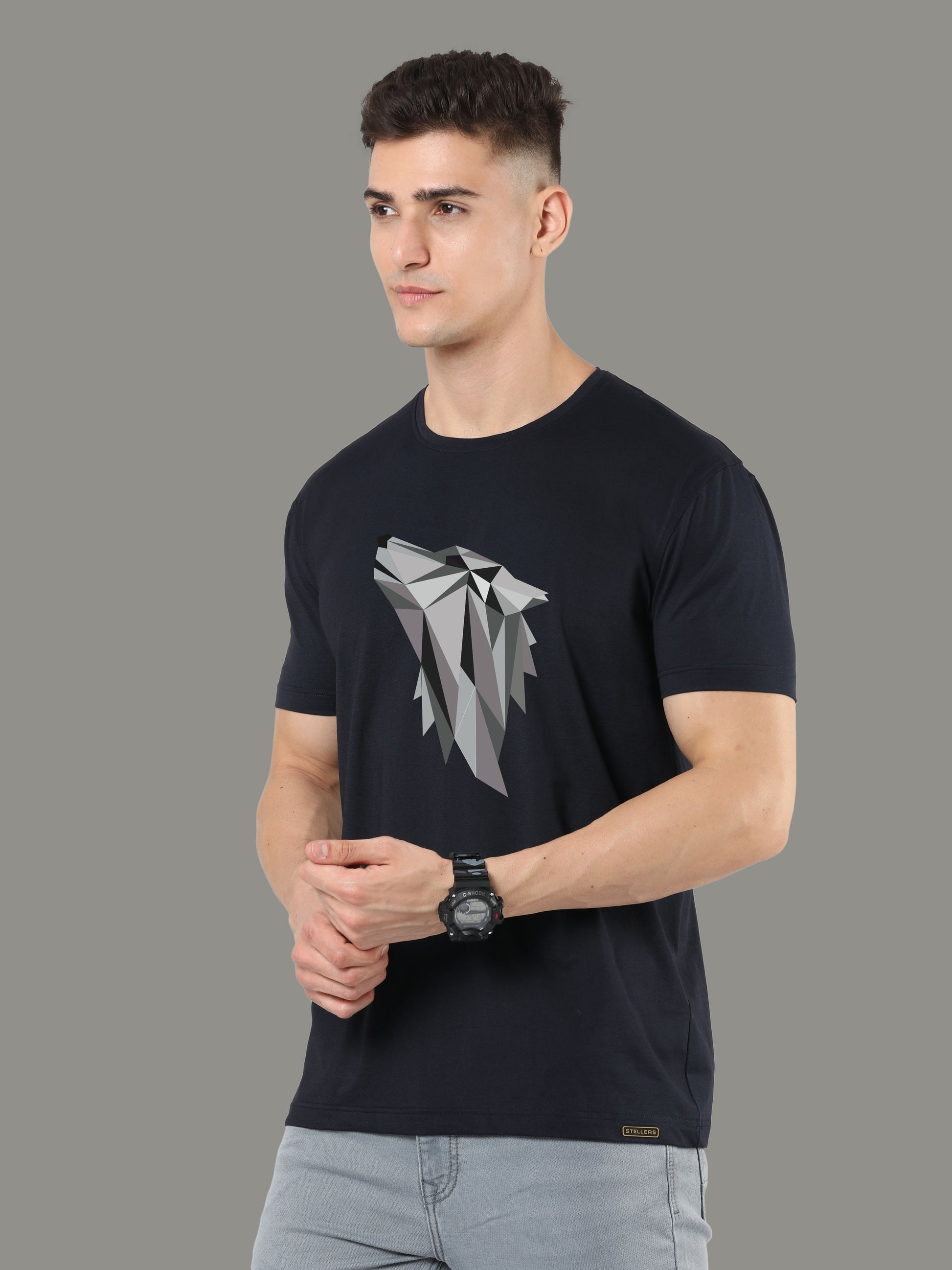 Black Men's Fox Print Round Neck T Shirts