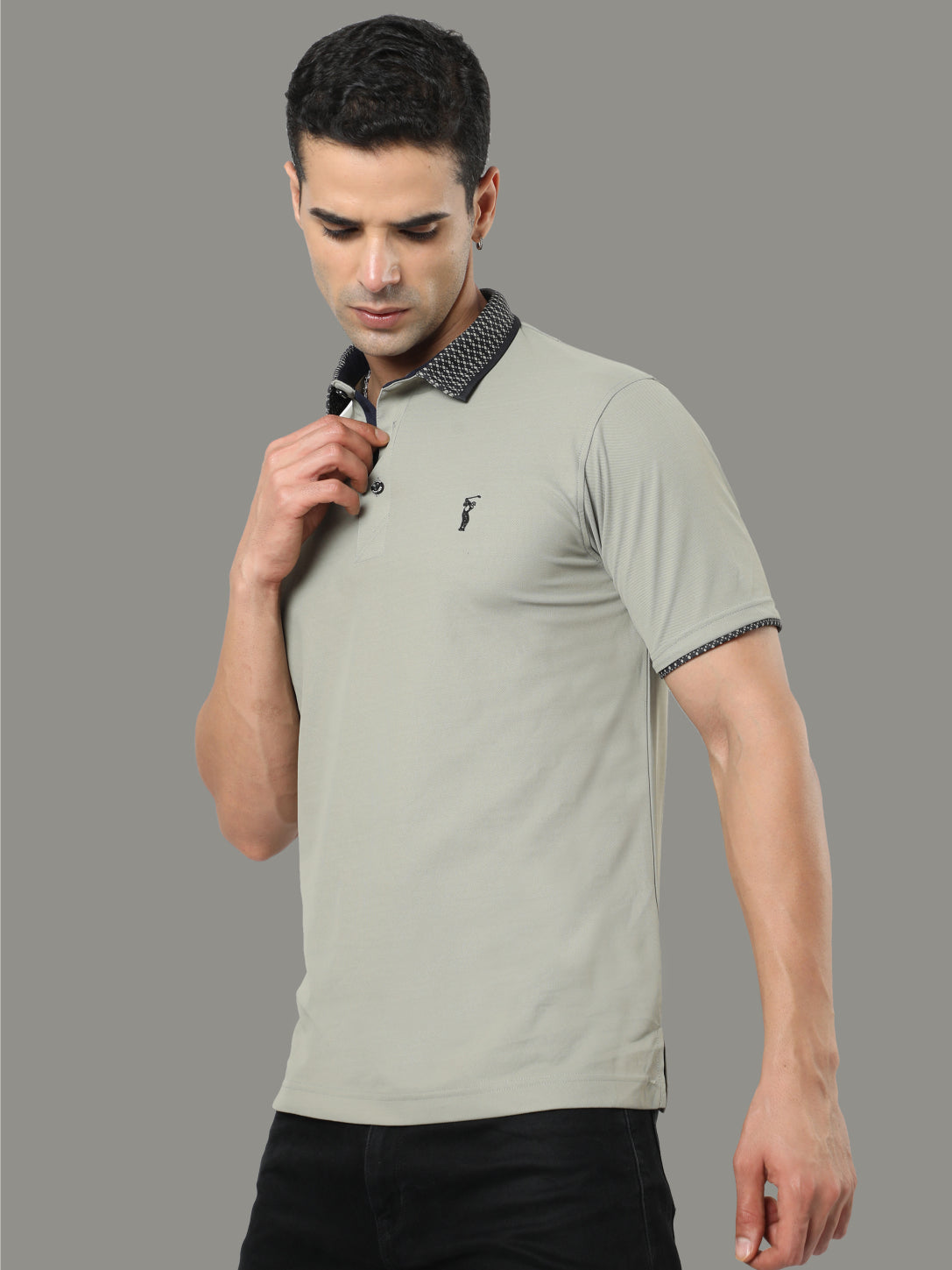 Moose Grey Men's Jacquard Collar Polo T-Shirt | Quick Dry | Stretchable | UV Protected | Wrinkle & Odour-Free
