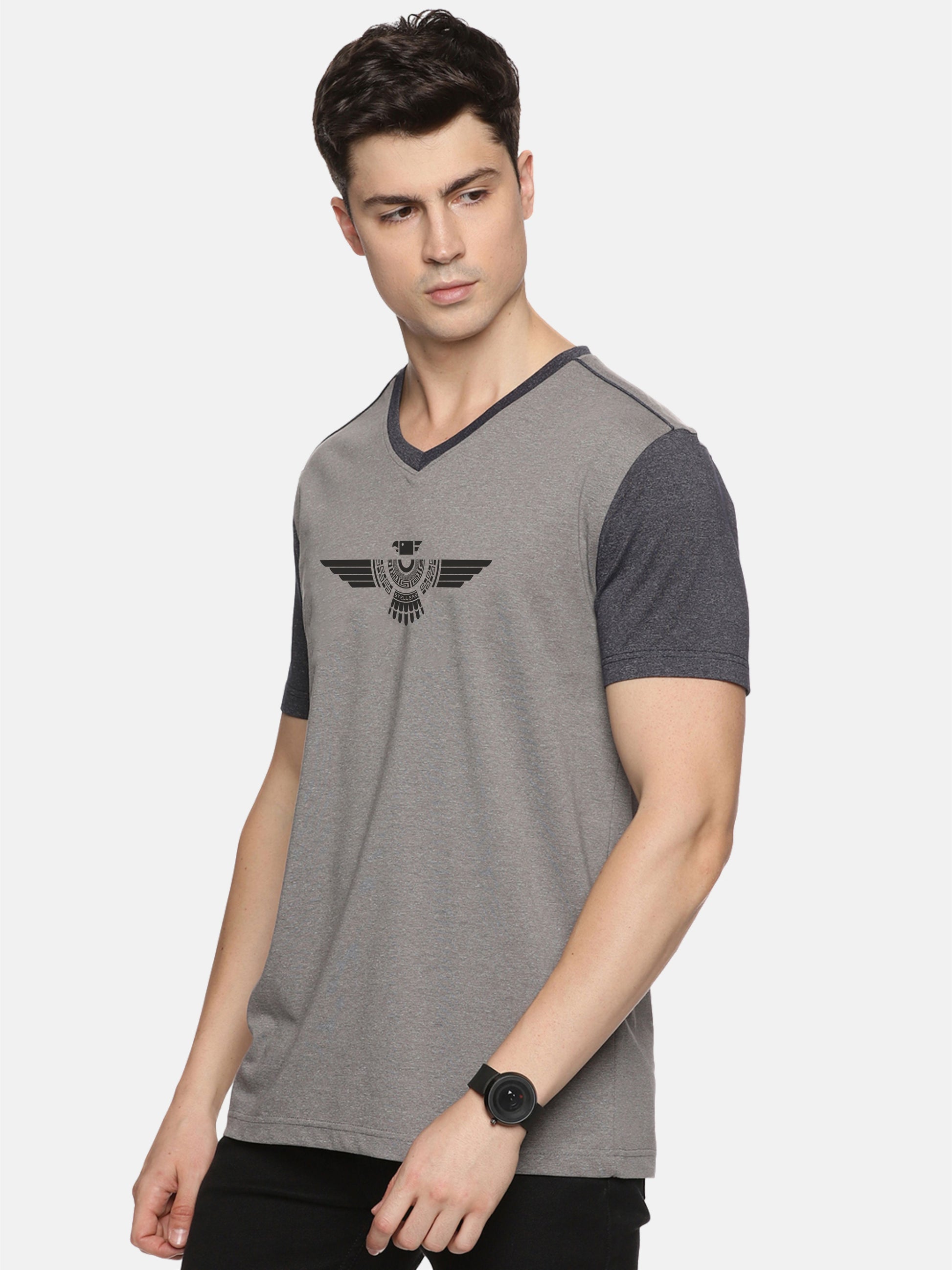 Men's Grey Cotton Vee Neck T Shirts 