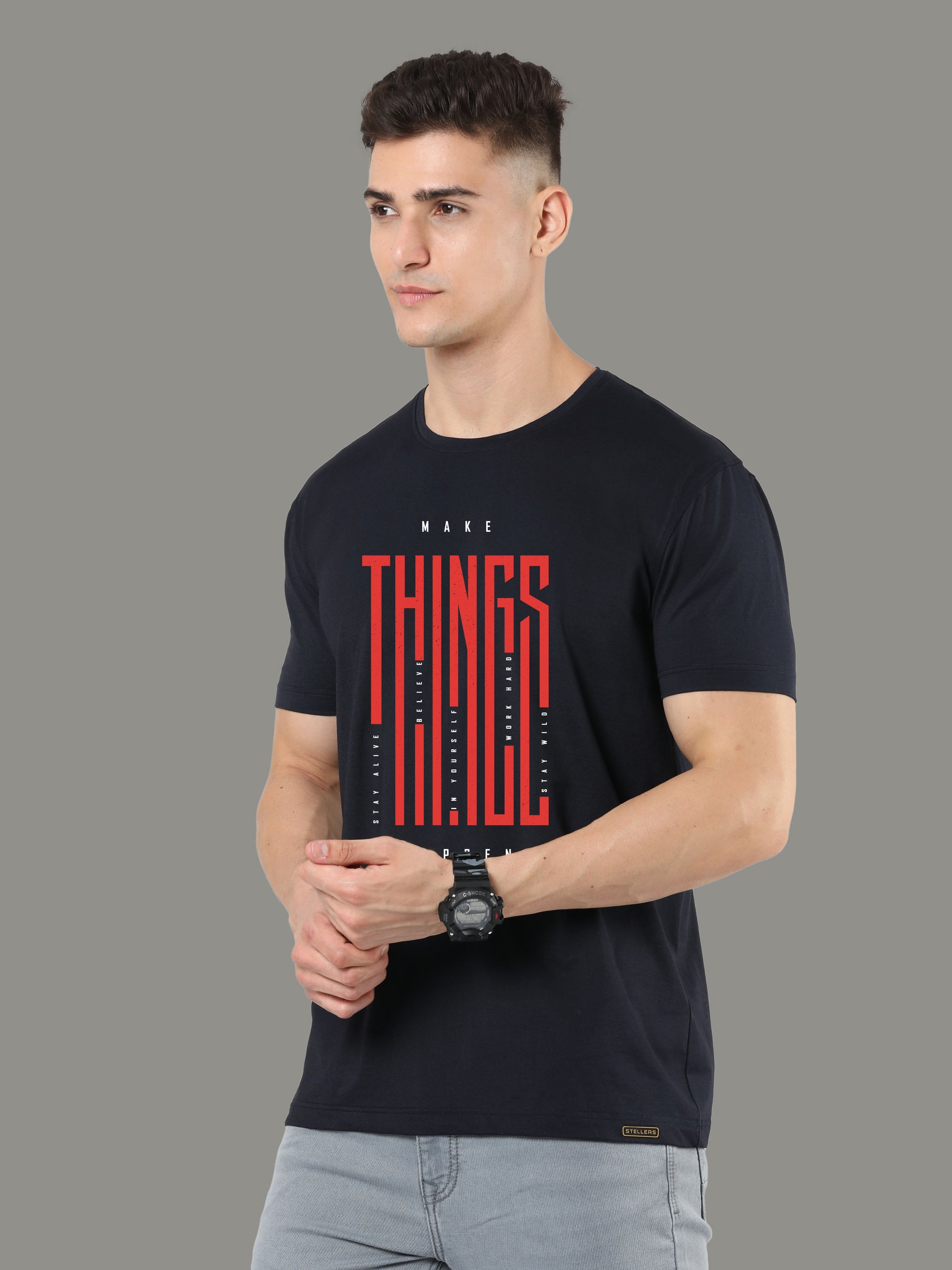 Black Mens Printed Round Neck T Shirts