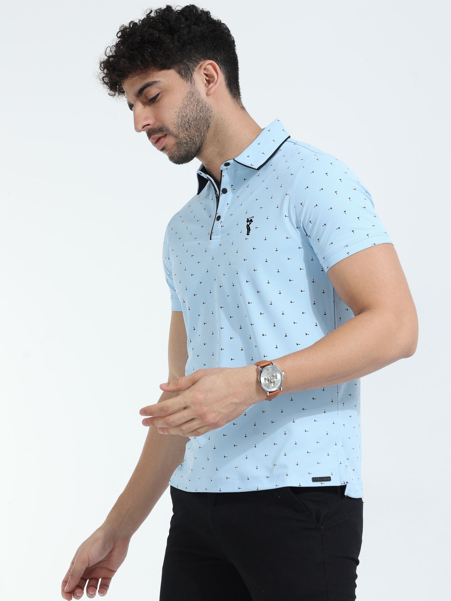 Ice Blue Men's Rolex Print Polo T-Shirts | Quick Dry | Stretchable | UV Protected | Wrinkle & Odour-Free