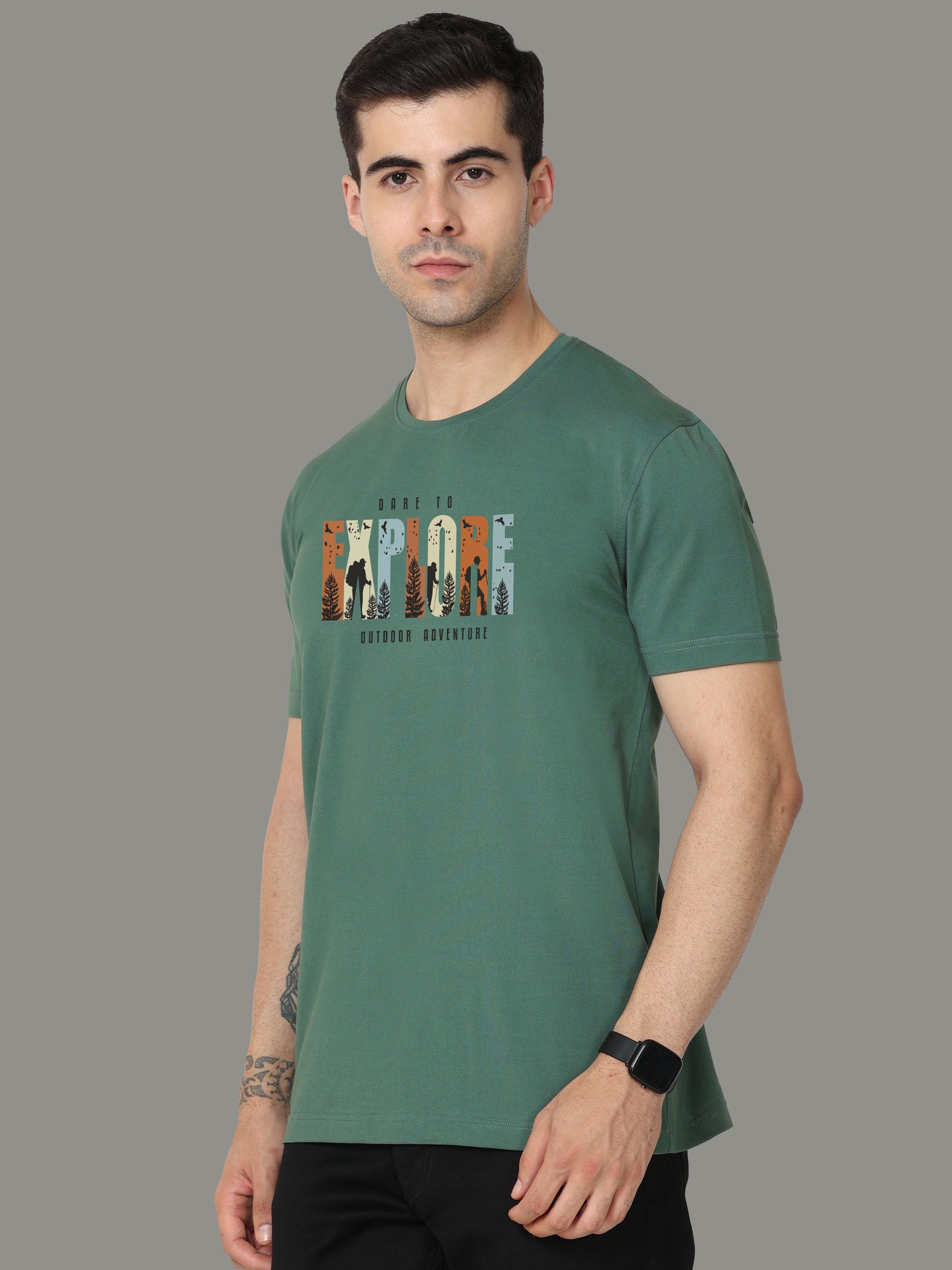Aqua Green EXPLORE Print Men's Round Neck T Shirts