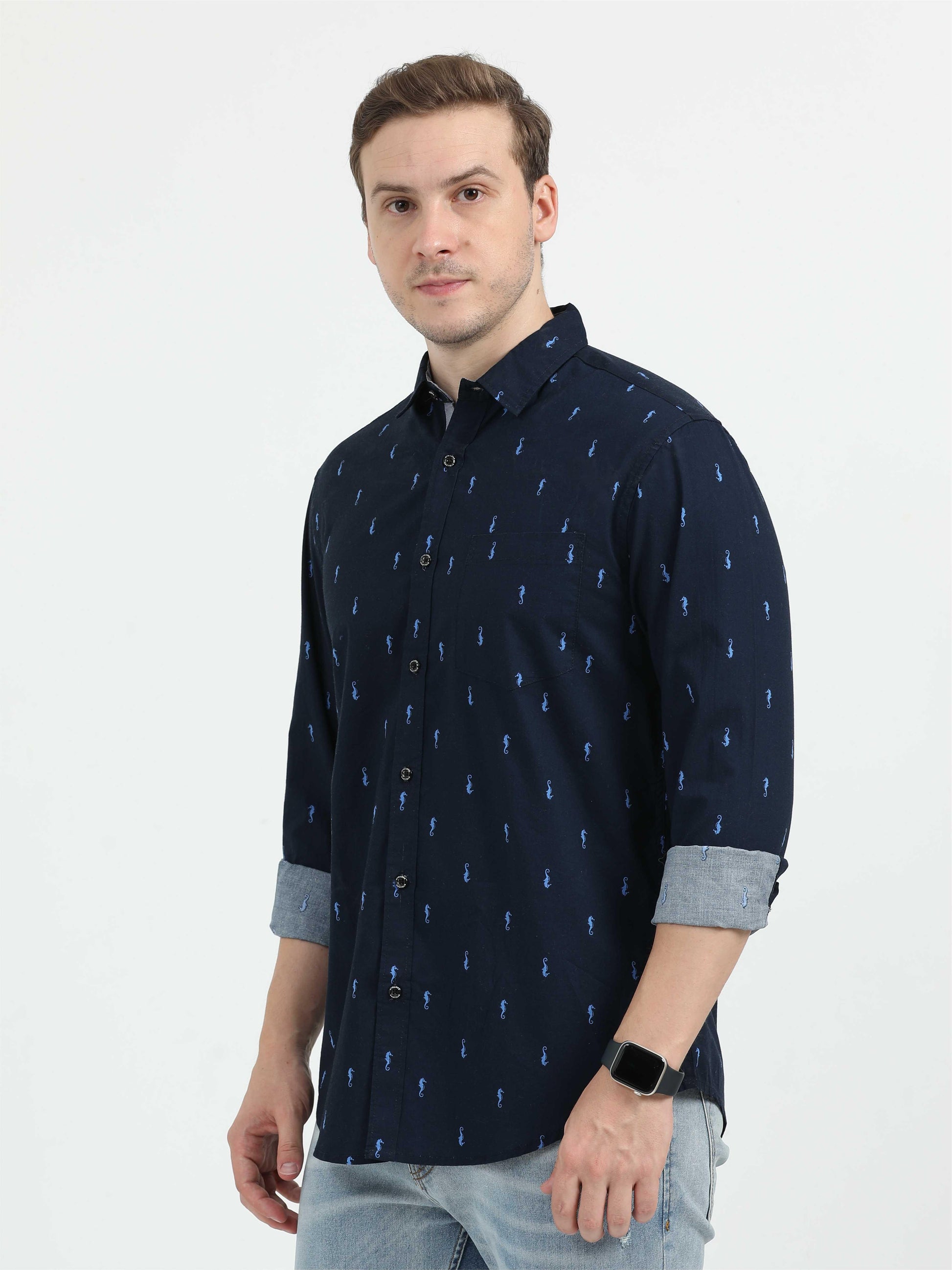 Navy Blue Printed Casual Shirt for Men
