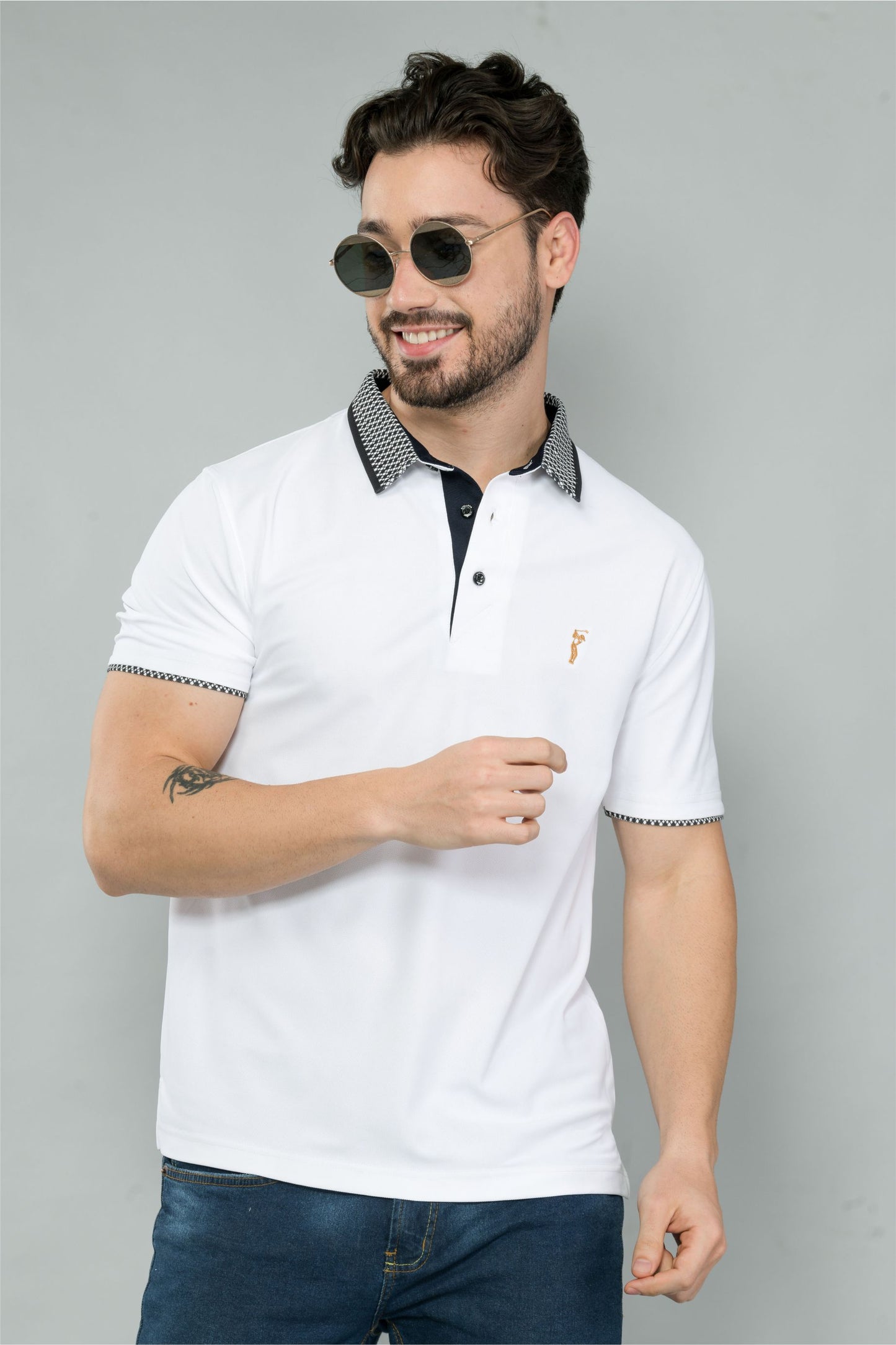 White Men's Jacquard Collar Polo T-Shirt | Quick Dry | Stretchable | UV Protected | Wrinkle & Odour-Free